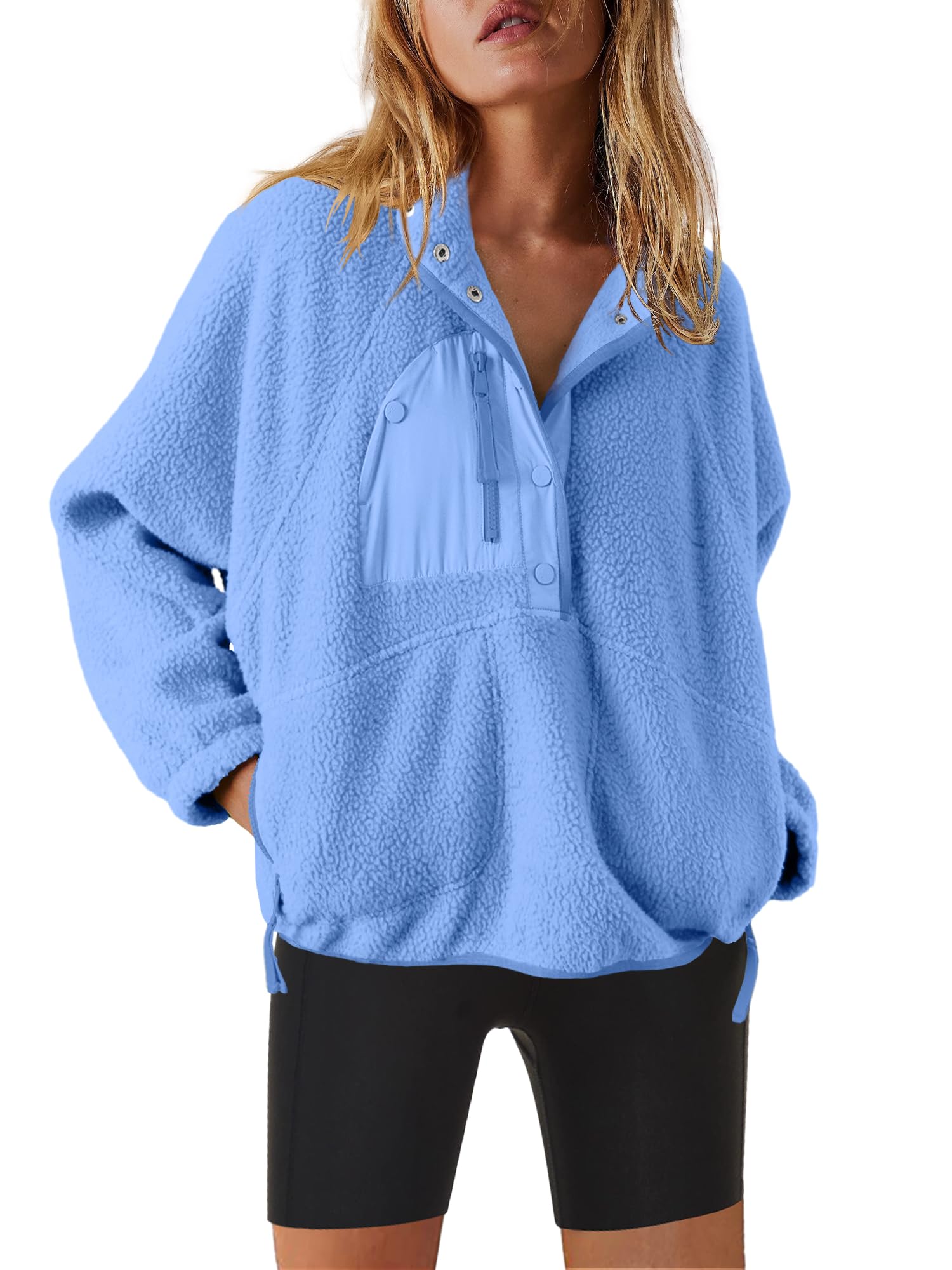 Nirovien Womens Fleece Pullover Long Sleeve Sherpa Jacket Button Down Fuzzy Sweatshirt Warm Outwear with Pockets