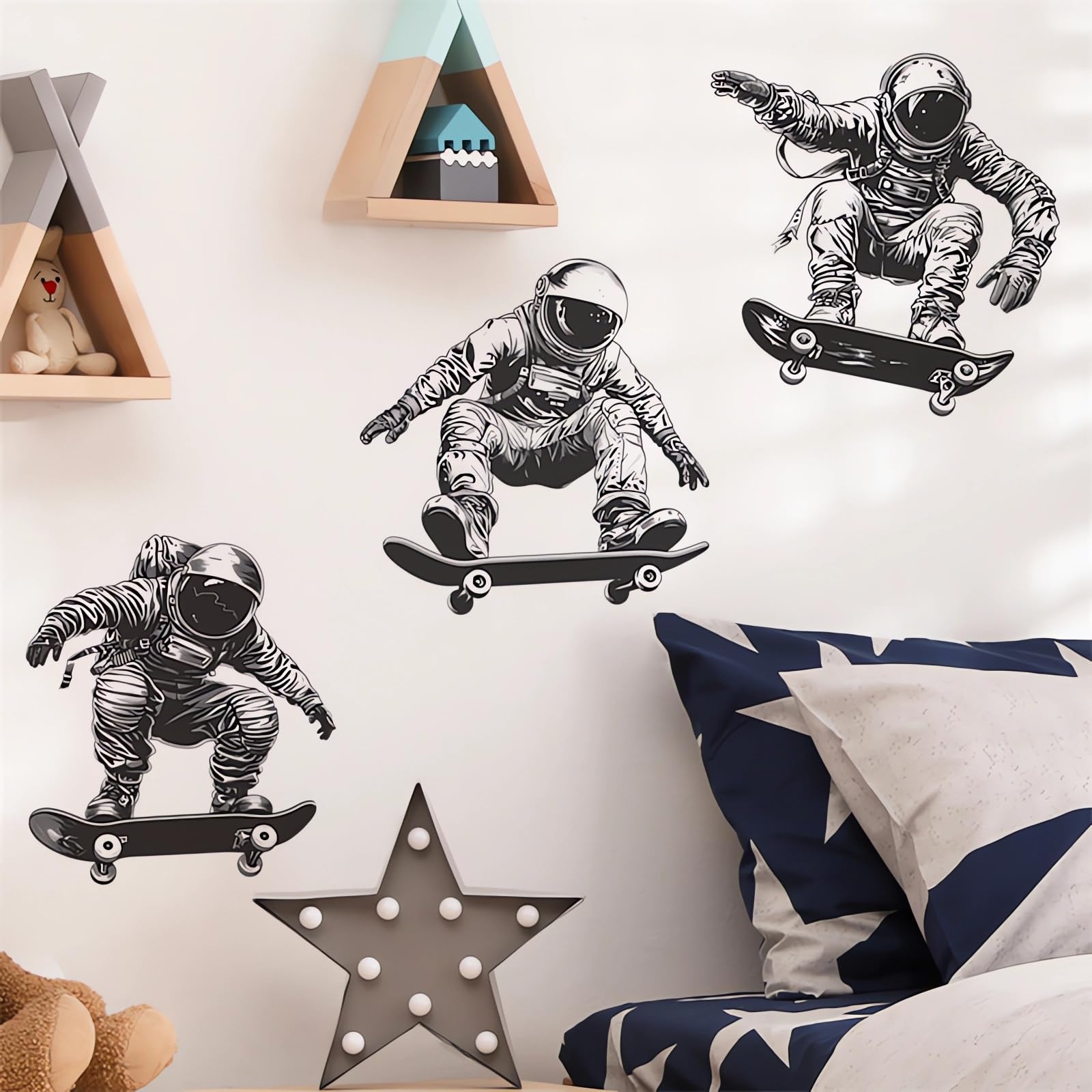 Black-White Space Astronaut Skateboard Wall Stickers, sacinora Art DIY Wall Decals Removable Vinyl Peel and Stick for Kids Teens Boys Nursery Living
