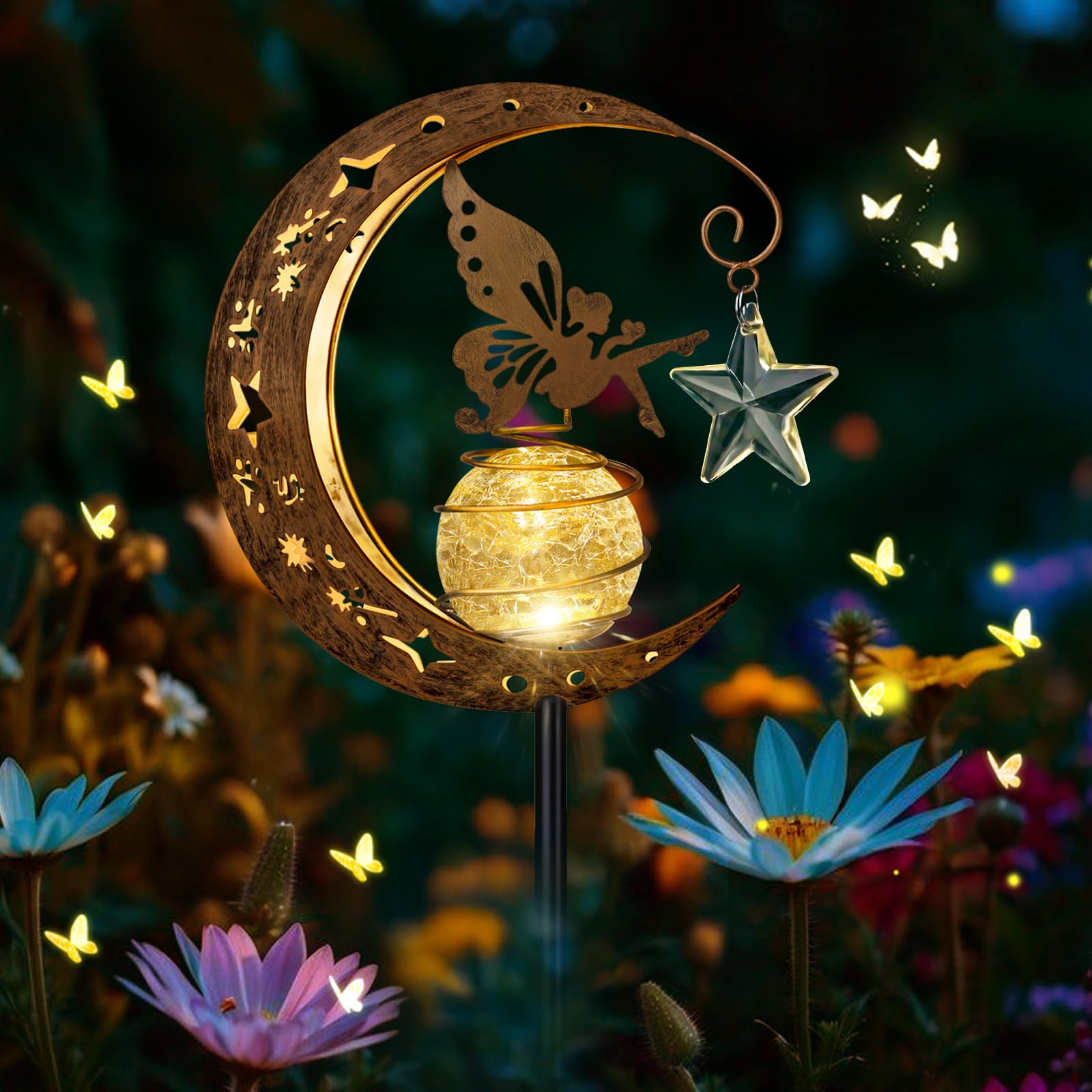 Solar Lights Outdoor Garden Ornaments, IP65 Waterproof Moon Fairy Solar Light Crackle Glass Ball