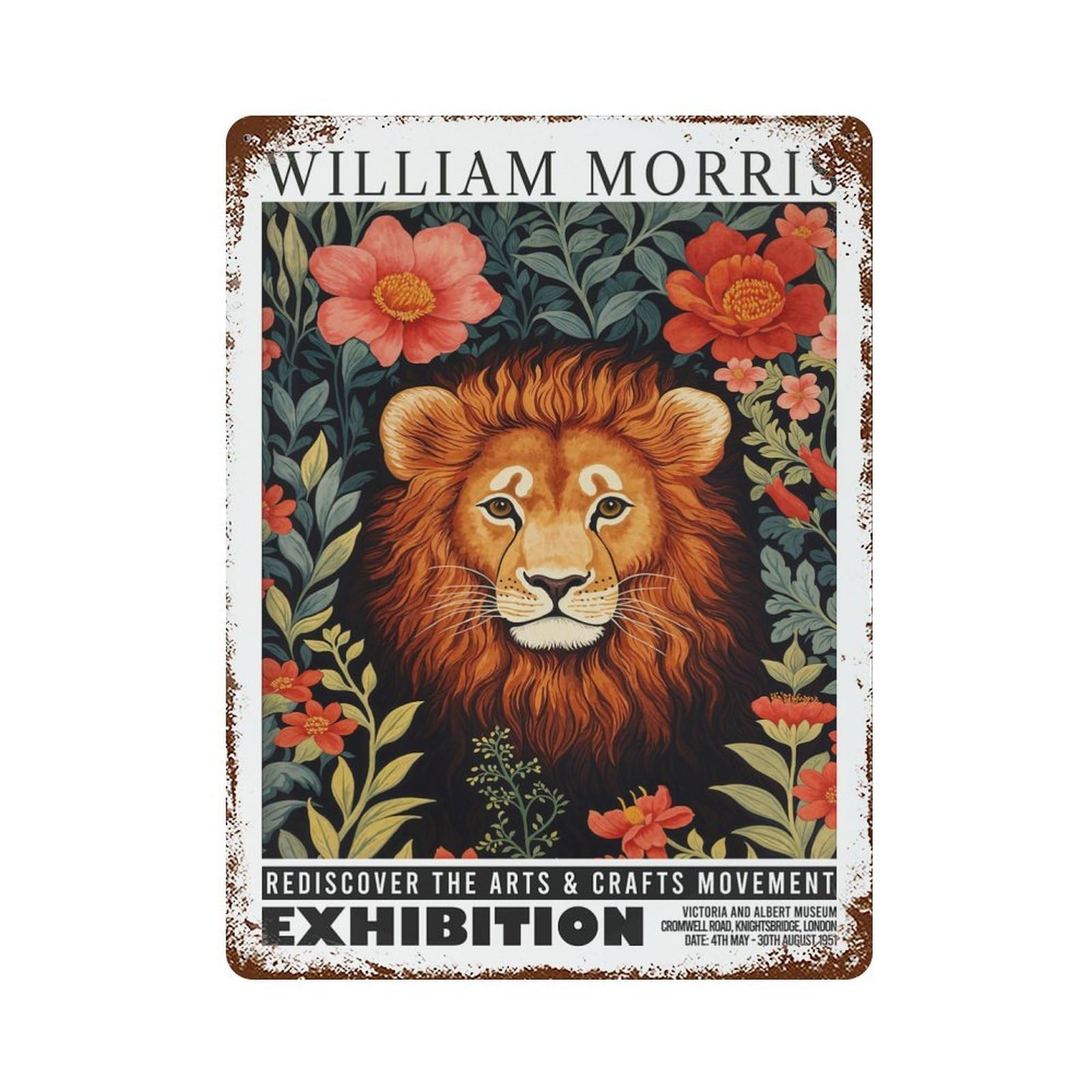 Morris Floral Lion Exhibition Retro Metal Sign 15.7"x11.8", Decorative Metal Wall Art for Basement, Hobby Room And Garage Decor