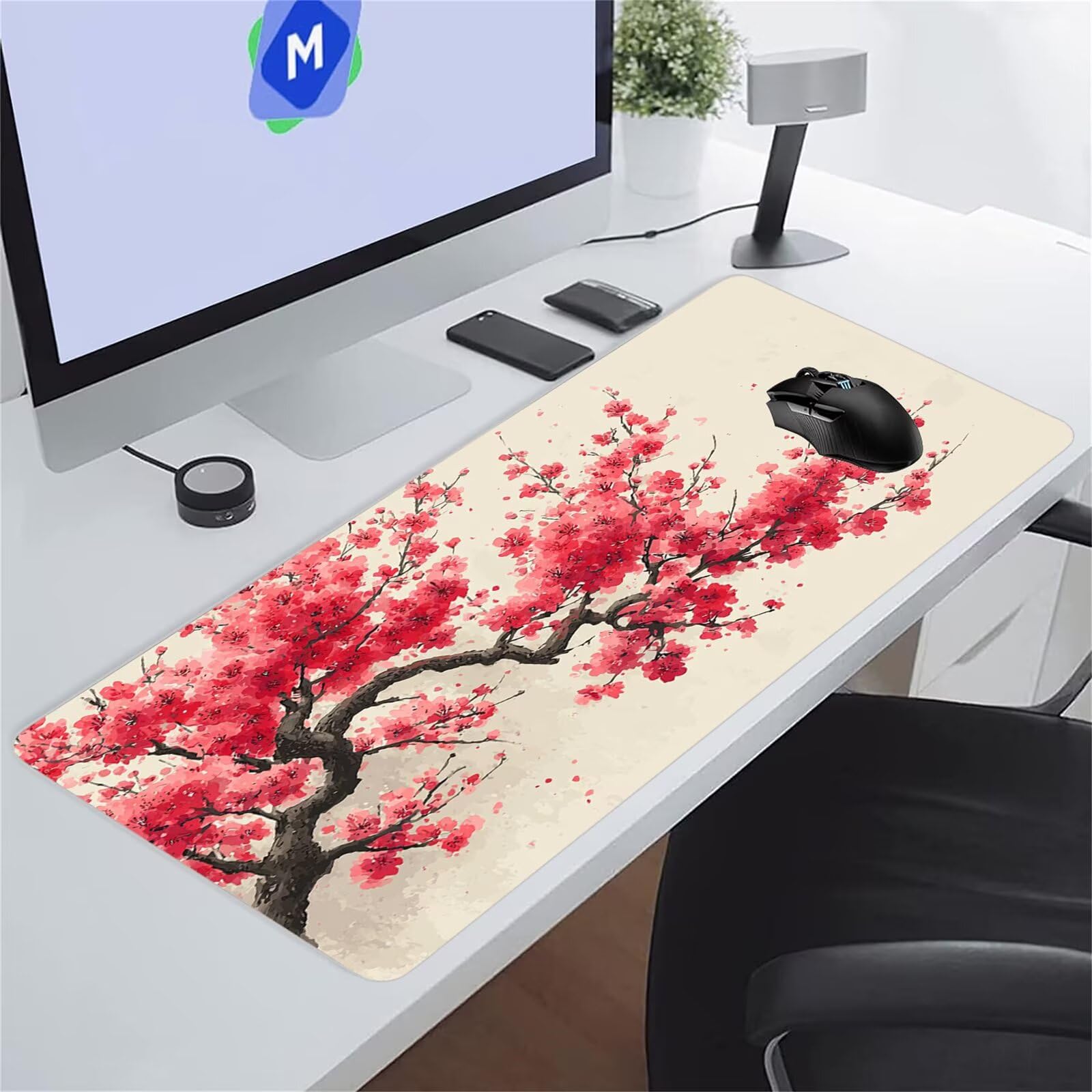 Tapis de Souris XXL Gaming Fleurs Cerisier Roses Tapis de Souris Gamer 1500x800x3 mm Grand Tapis de Bureau avec Base en Caoutchouc Antidérapante pour Bureau, Études, Gaming
