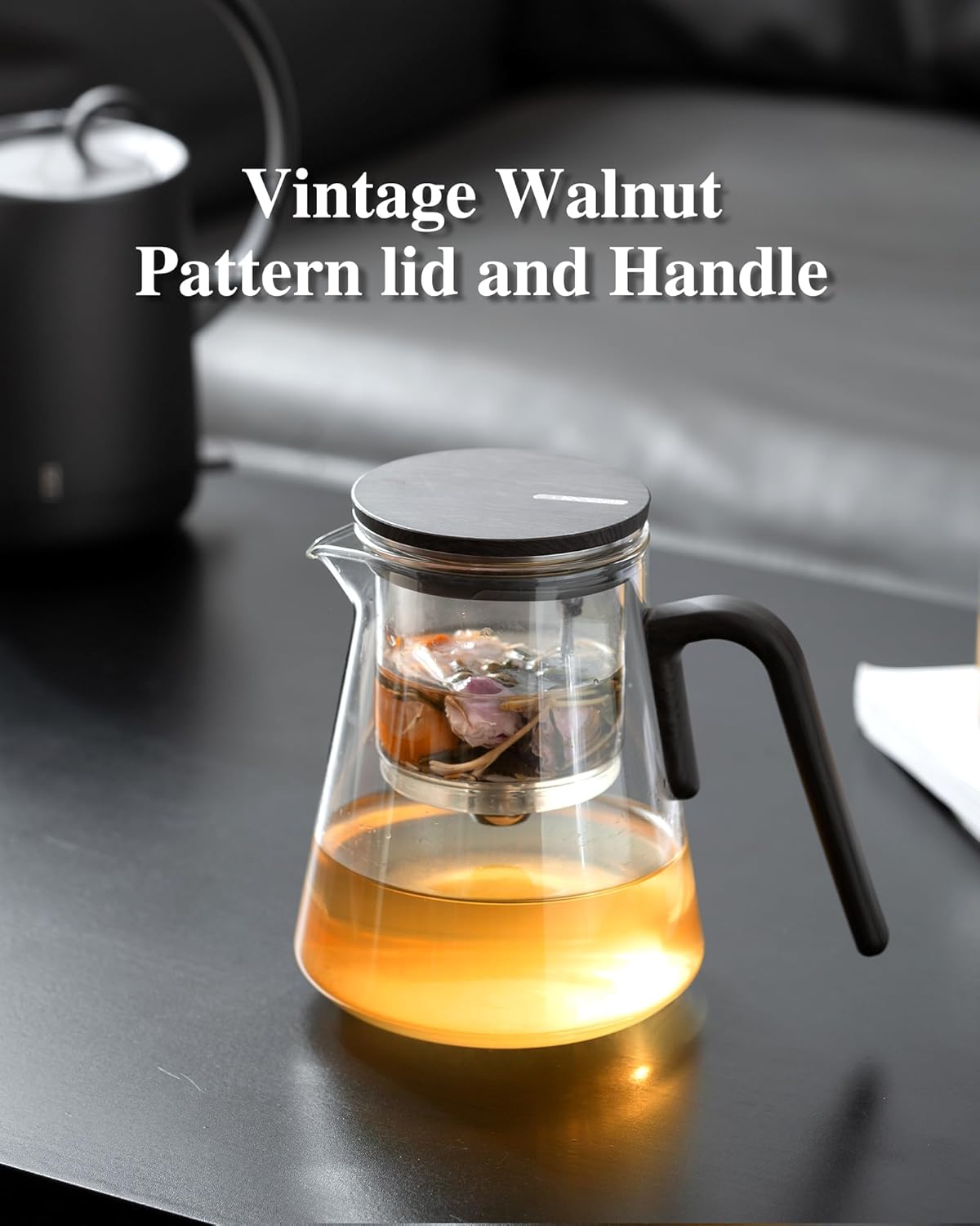 ZENS Magnetic Tea Pot, Enchanted Glass Teapot with Infuser and Magnetic Suction Lid for Mess-Free Loose Tea Diffusers, Black Walnut Pattern Handle, Tea Lovers Gifts - Image 3