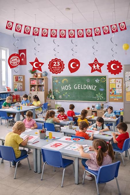 23 Nisan Dekoratif Süsü 23 Nisan Süsleri Sarkıt 50'li Ata Bayrak İpe Dizili