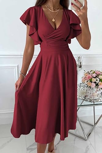 Miniatura 4 de PRETTYGARDEN - Vestido de verano para mujer, debajo de la rodilla, manga casquillo con volantes, cuello en V, acampanado, vestido de cóctel y fiesta