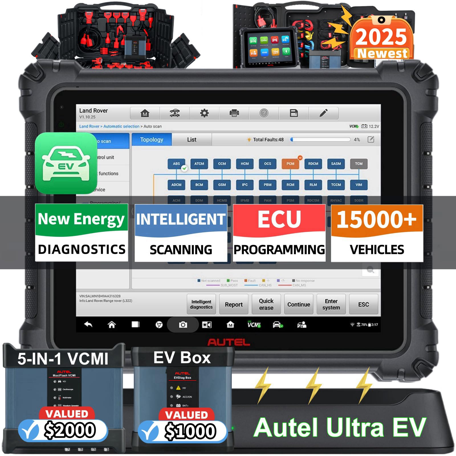 Autel MaxiSys Ultra EV OBD2 Scanner, 2025 Top EV Diagnostic Scan Tool, with 5-in-1 VCMI & EVDiag KIT, High-Voltage System & Battery Pack Analysis, Up of Ultra/ MS919/ MS909 EV, J2534 ECU Programming