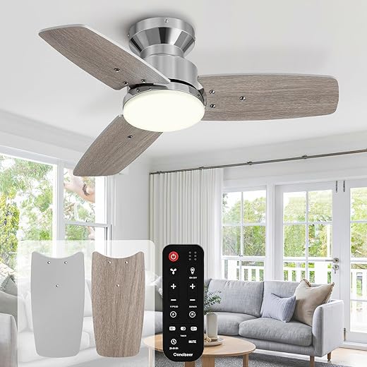 42 Inch Ceiling Fans with Lights and Remote, Bedroom Living Room Office, Flush Mount, 3CCT Dimmable, Dual Color 3 Blades 6 Speed Reversible Quiet DC Motor, Chrome-Plated/Wood Grain