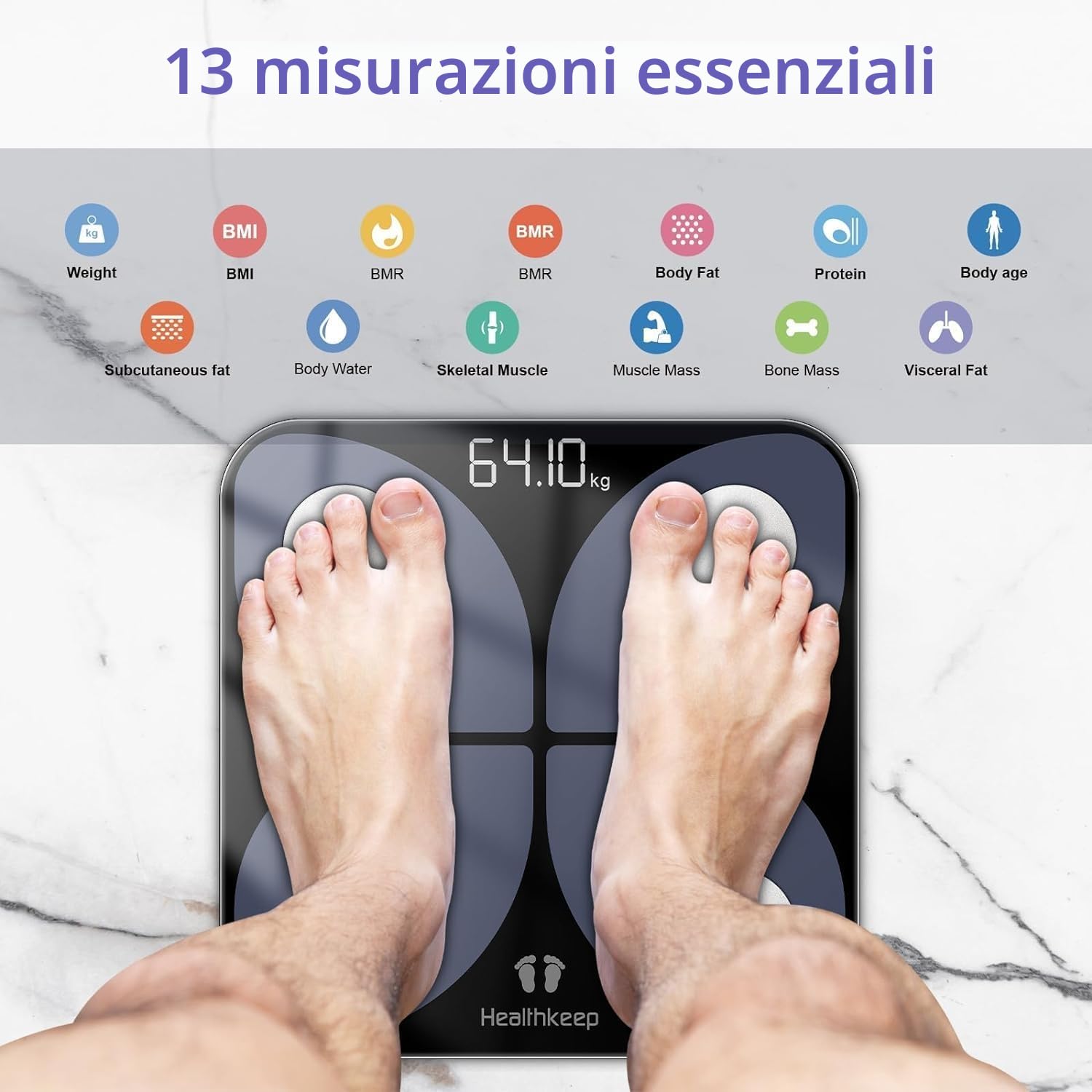 Bilancia per grasso corporeo digitale con app: Bluetooth Smart Bilancia per grasso corporeo, BMI, massa muscolare, proteina, BMR, vincitore del test, 26 x 26 cm