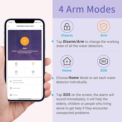 Miniatura 7 de Inkbirdplus Alarma de agua WiFi, paquete de 3, detector inteligente de fugas de agua para el hogar con sensores de fugas y goteo, alarma ajustable