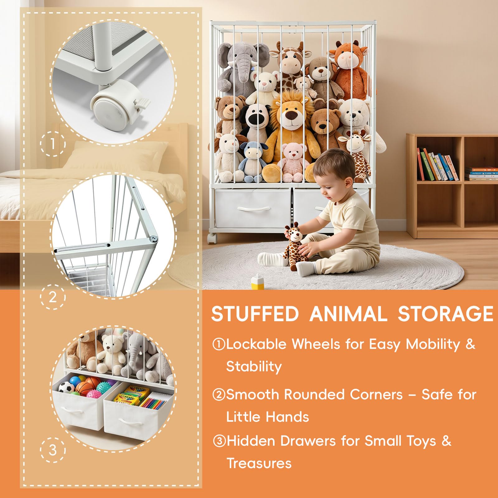 Large Stuffed Animal Storage Tower - Metal Stuffy Zoo with 2 Fabric Drawers & Wheels, Kids Toy Organizers and Storage for Nursery, Playroom & Bedroom (White) - 4