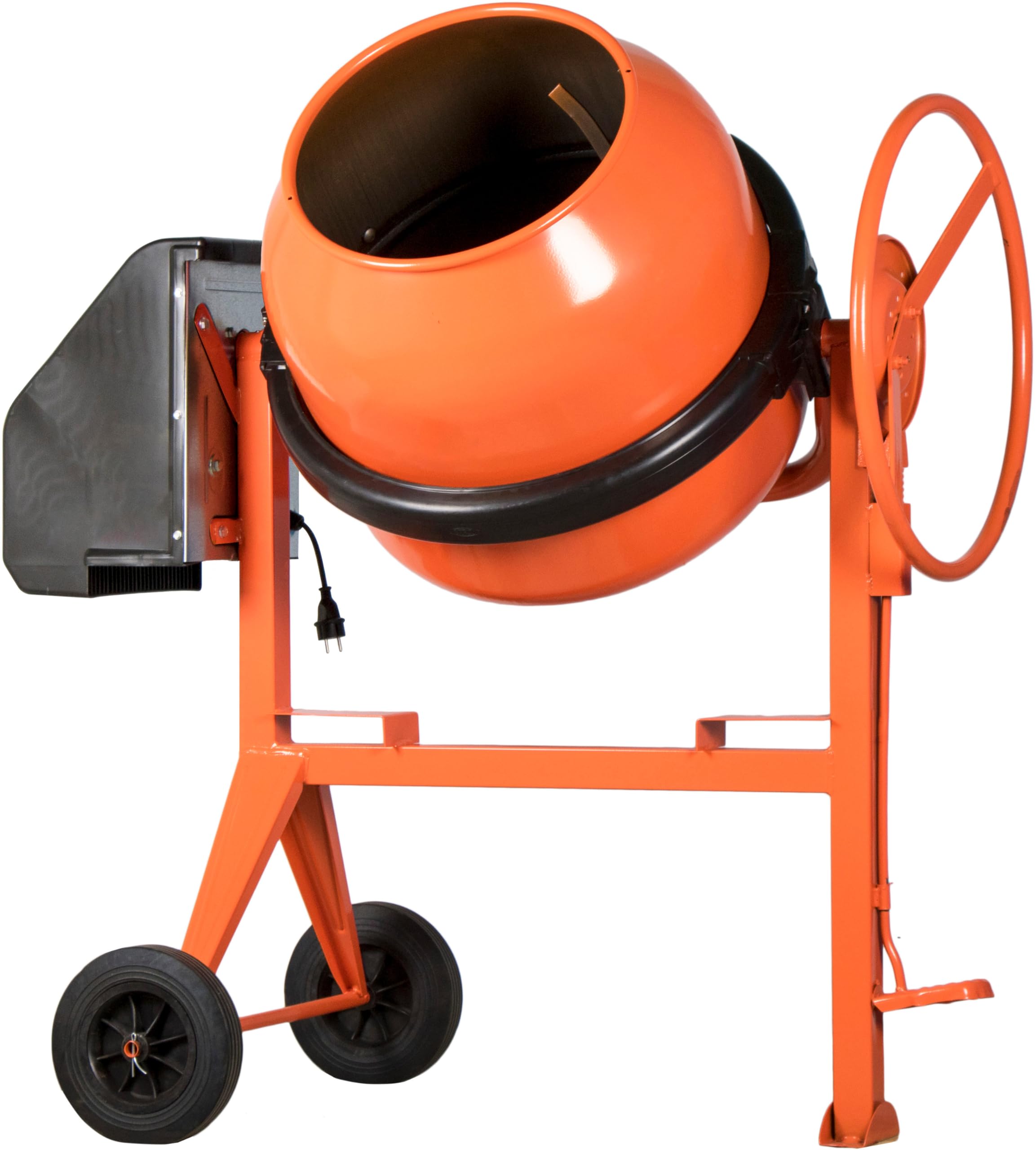 PRO160TD Profi Betonmischer 230V Mischmaschine Beton Mörtel Zementmischer (150 Liter Trommelvolumen, 850 Watt Motorleistung, Zahnkranz aus Gusseisen, Zahnkranzschutz, IP45, Fußbremse) orange