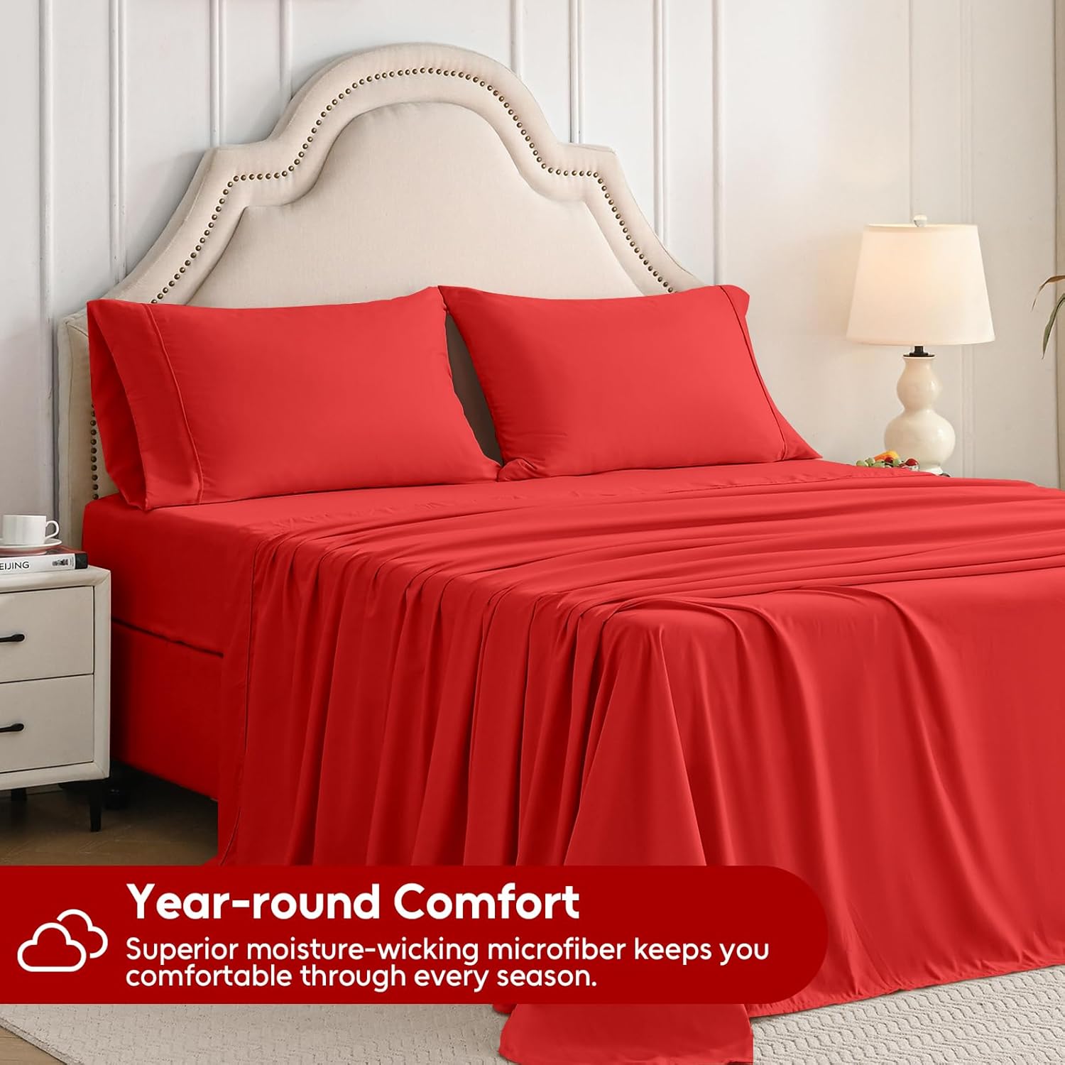 Queen Sheet Set, 4 Pieces Hotel Luxury Soft Microfiber Queen Bed Sheets Set, Up to 16" Deep Pockets, Oeko-Tex Sheets with Elastic, Breathable, Wrinkle Free (Red, Queen)