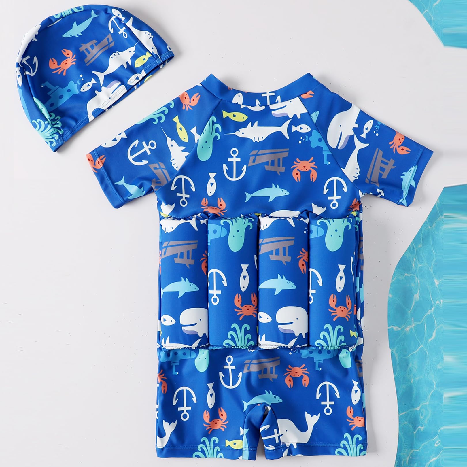 Costume Natation Flottant pour Enfants, Maillot Bain Super-héros pour garçons, Sports Nautiques, Plage, Voyage, Dessin animé, Ensemble Natation Confortable,Blue-90cm