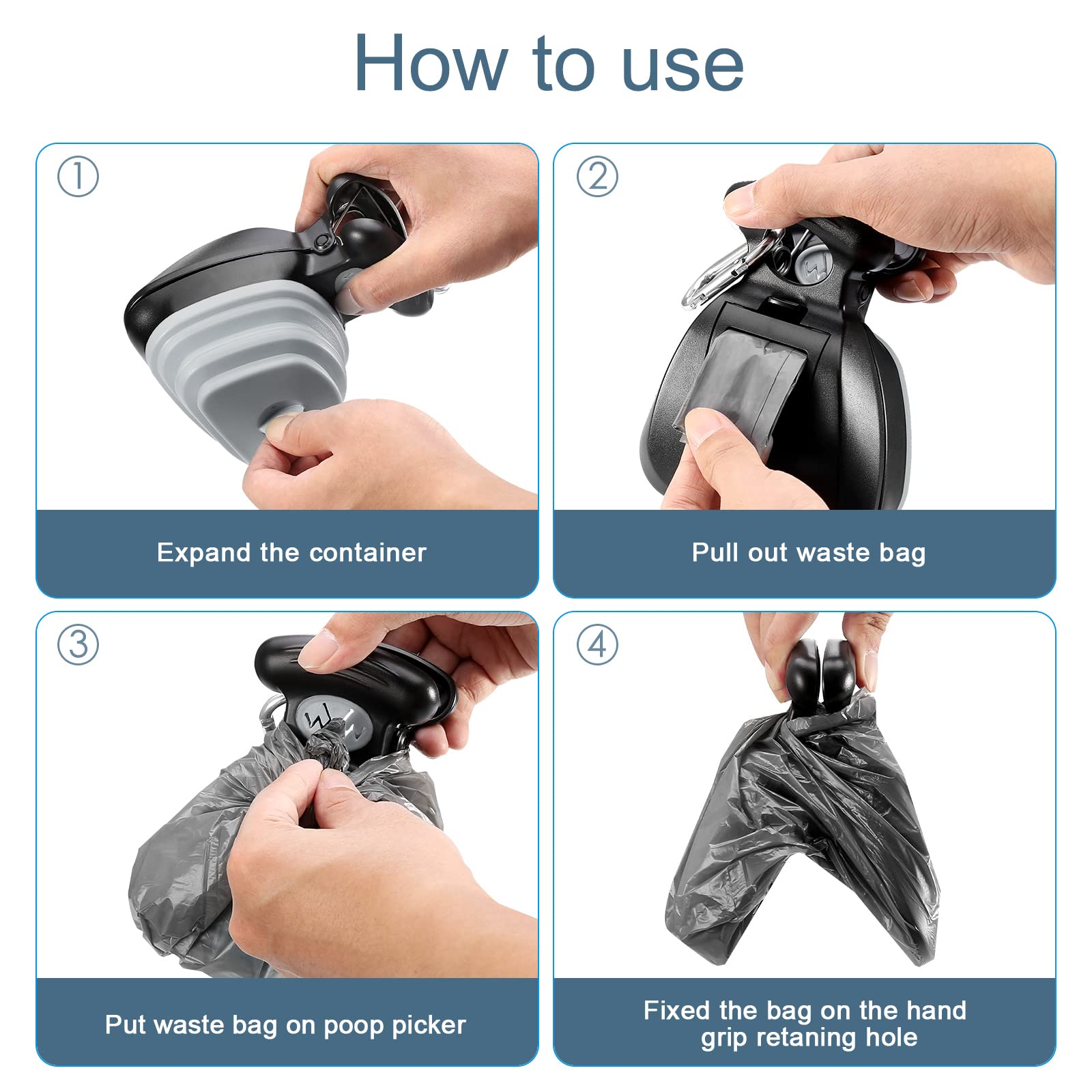 Pinza per Escrementi di Cani, Scoop per Animali Domestici, Raccogli Cacca Cane e Gatto con Dispenser Bag, Portatile Raccoglitore di Cacca (Include 1 Rotolo di Sacchi per Rifiuti)