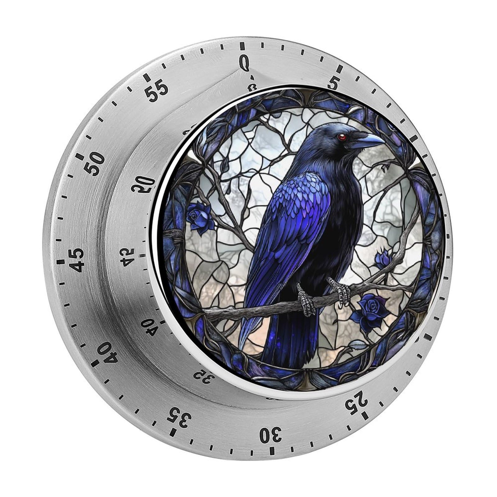 Stained Glass Dark Blue Raven Gothic Kitchen Timers for Cooking Chef Cooking Timer Clock with Loud Alarm No Batteries Required Mechanical Desk Timer Magnetic Backing
