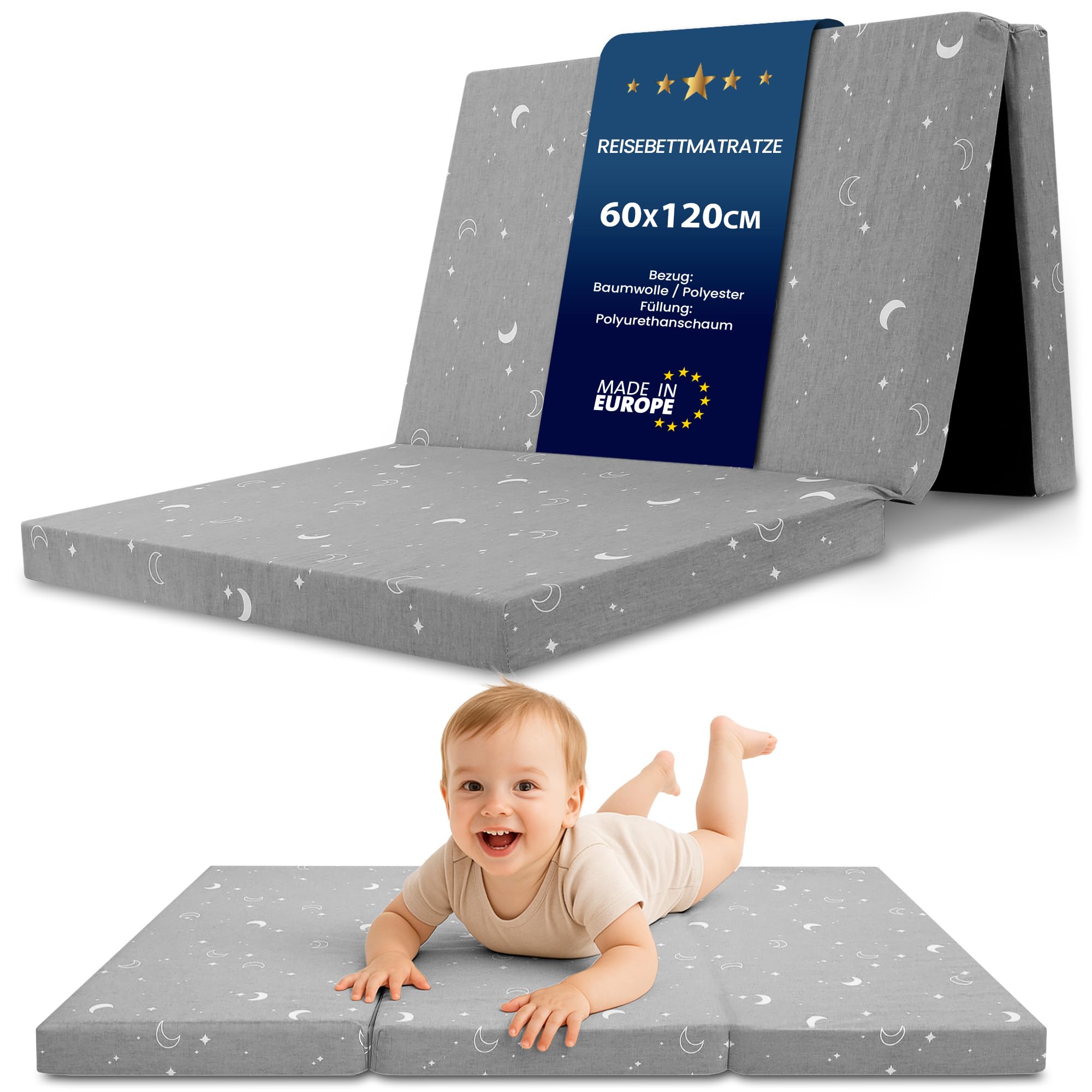 Klappmatratze Faltbare Reisebett Baby Matratze 60x120 cm - Faltmatratze für Kinder Gästematratze klappbar Babymatratze Bodenmatratze Schlafmatratze und Reisematratze 60 x 120 cm Monde