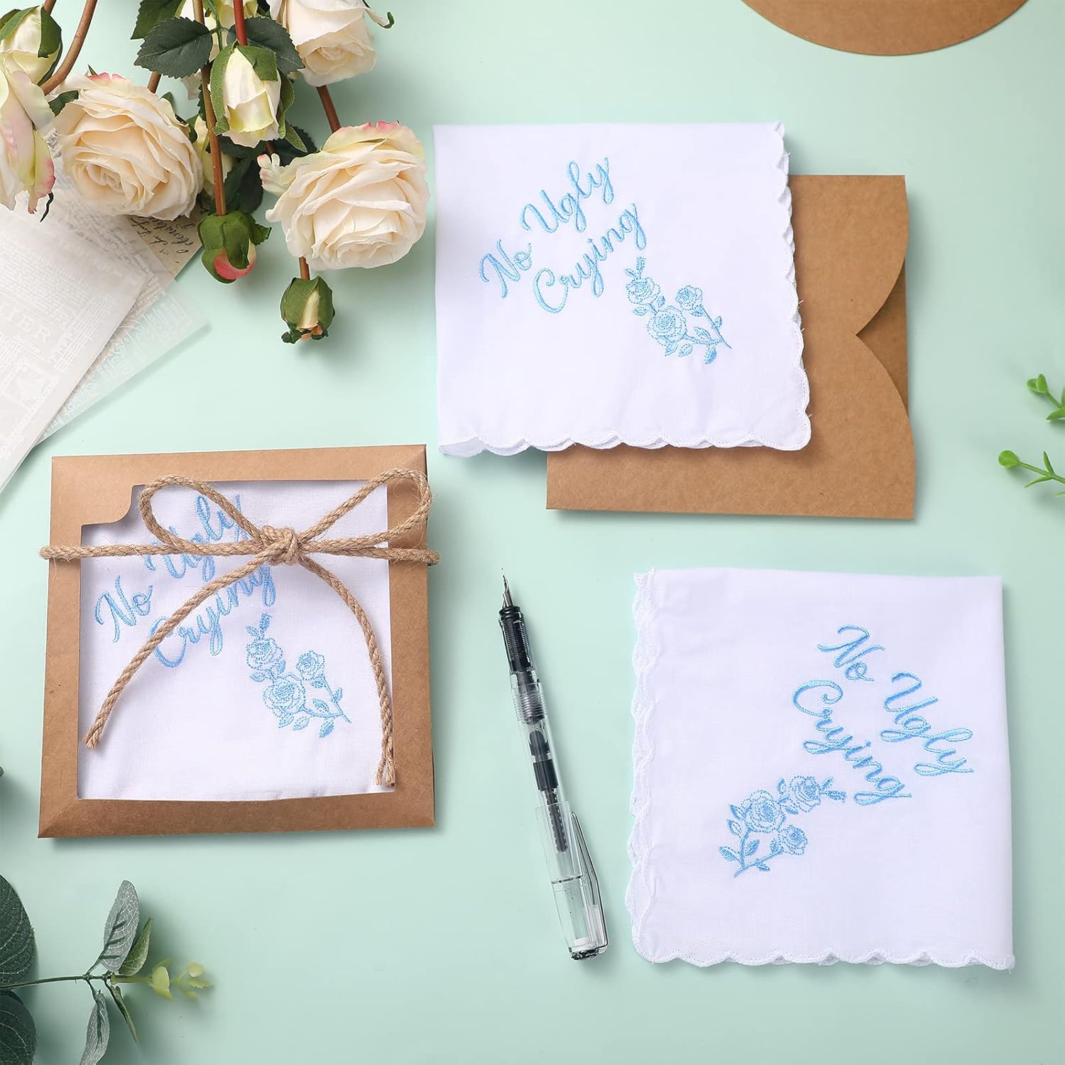 Kajaia 12 Sets Wedding Handkerchief Embroidered Handkerchief with Scallop Lace Edges Fun Gifts for Wedding Day Bride - Image 6