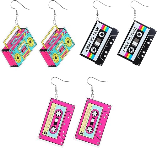 3 pares de aretes de cinta de casete vintage de los años 80 y 90 para mujer, aretes geométricos retro para trajes de los 80, cosplay, fiesta de