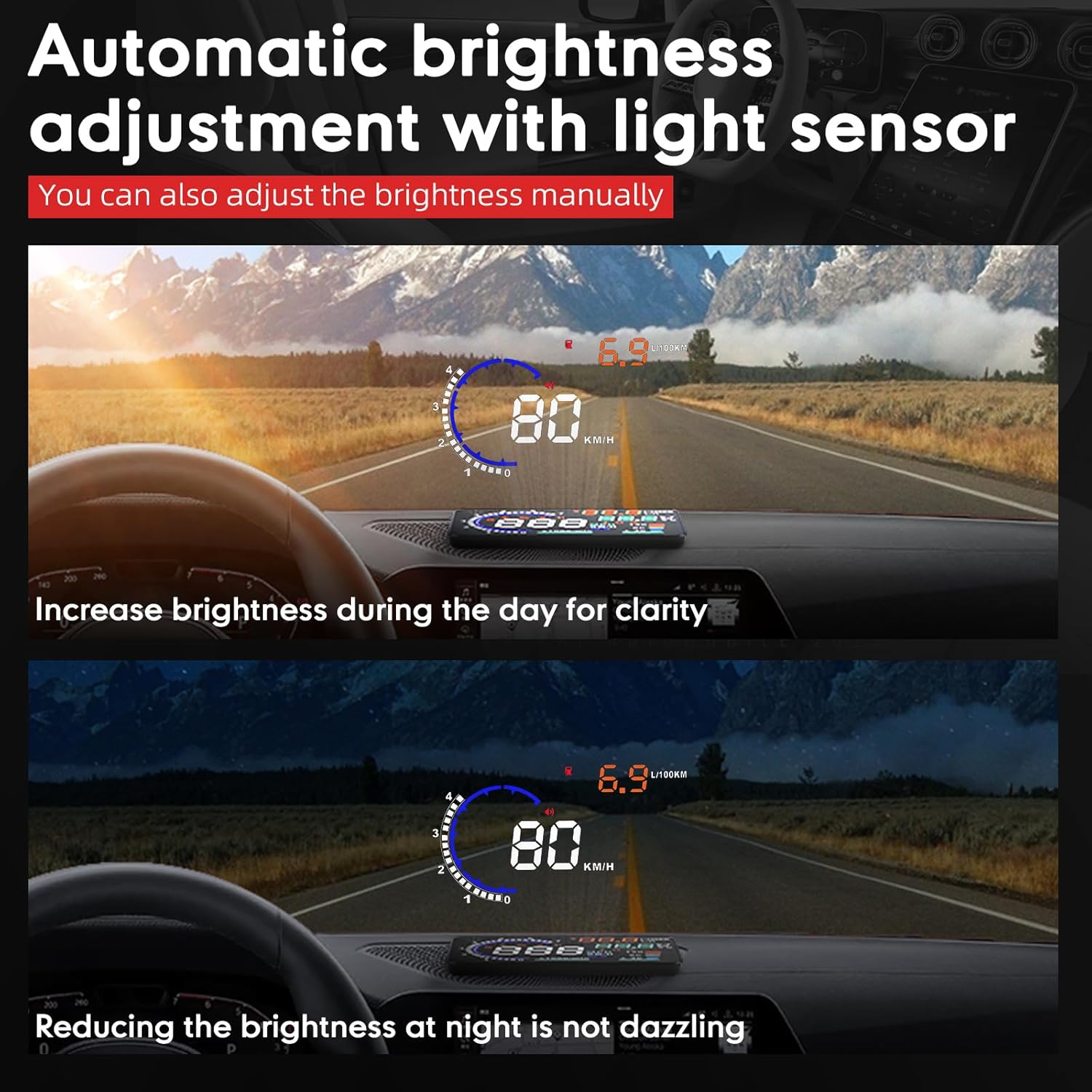 5.5" Windshield Head Up Display for Car,OBDII/EUOBD Interface Plug Car Hud Screen with Water Temperature, Mileage, RPM, Multiple Alarms