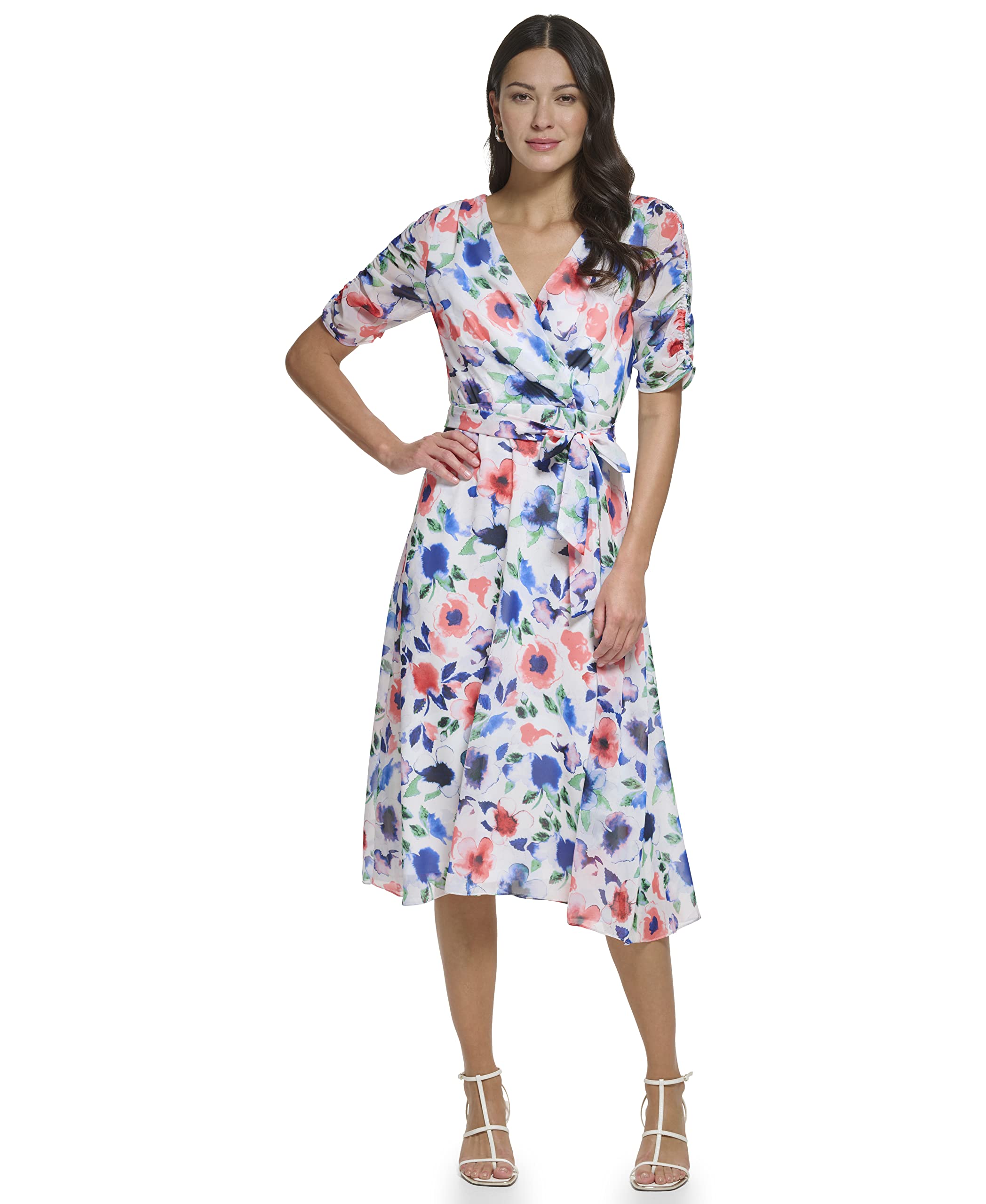 DKNY womens 3/4th Sleeve Faux Wrap Dress