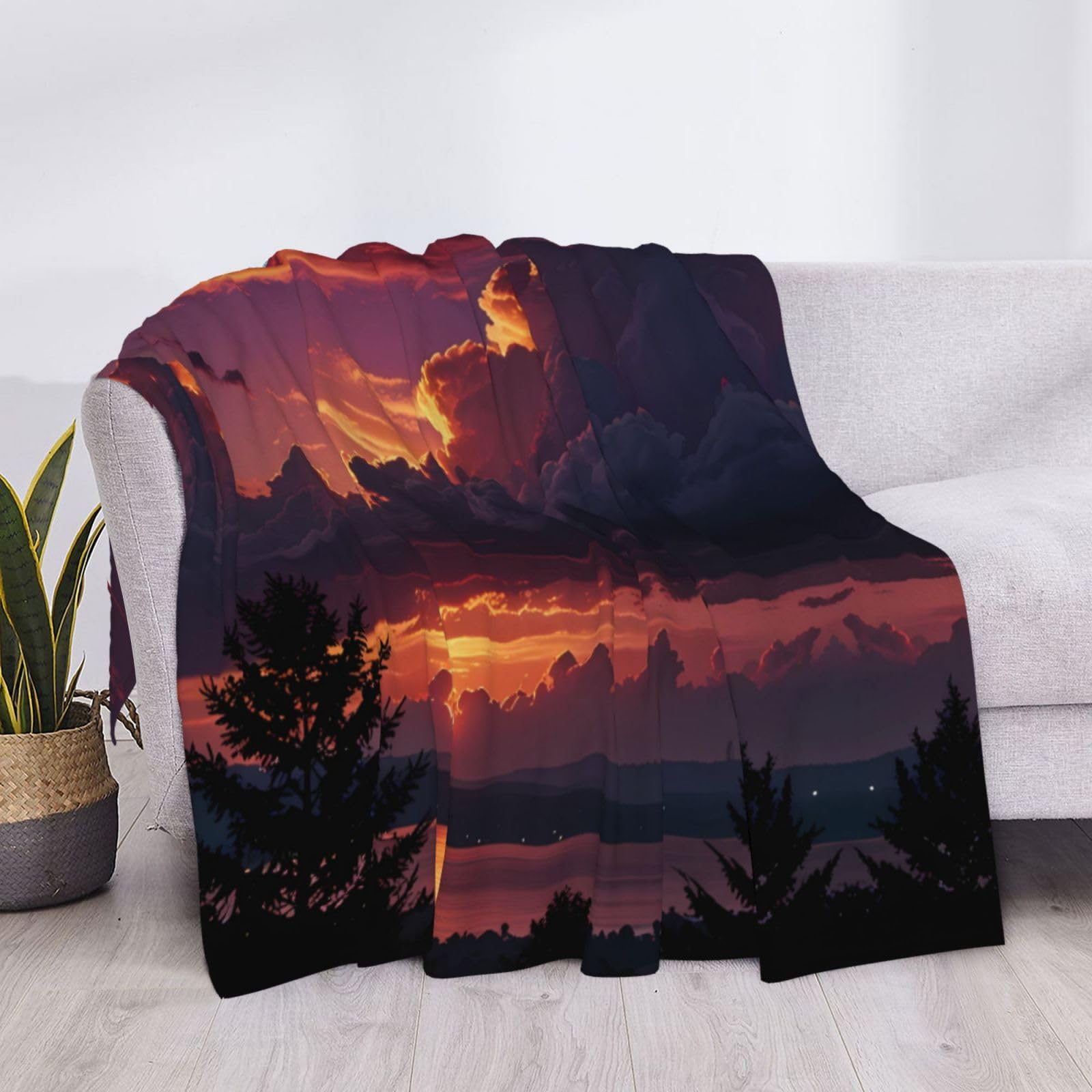 Manta de franela estampada Purple Sky Sunset de 80 x 60 pulgadas, 30-80 pulgadas. Una manta cálida para uso doméstico en otoño y una manta de viaje portátil.