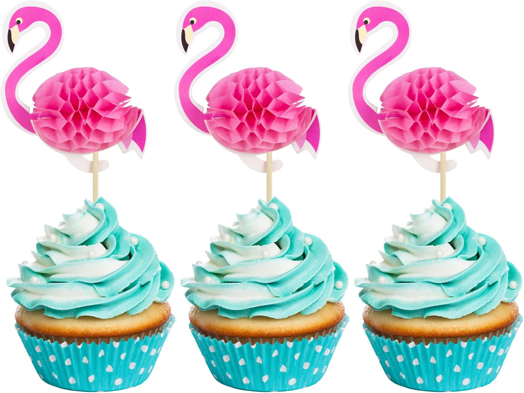Ephlyn 24pcs 3D Flamingo Cupcake Toppers, Tropical Aloha Luau Cupcake Picks for Baby Shower, Summer Party, Wedding & Birthday Cake Decorations
