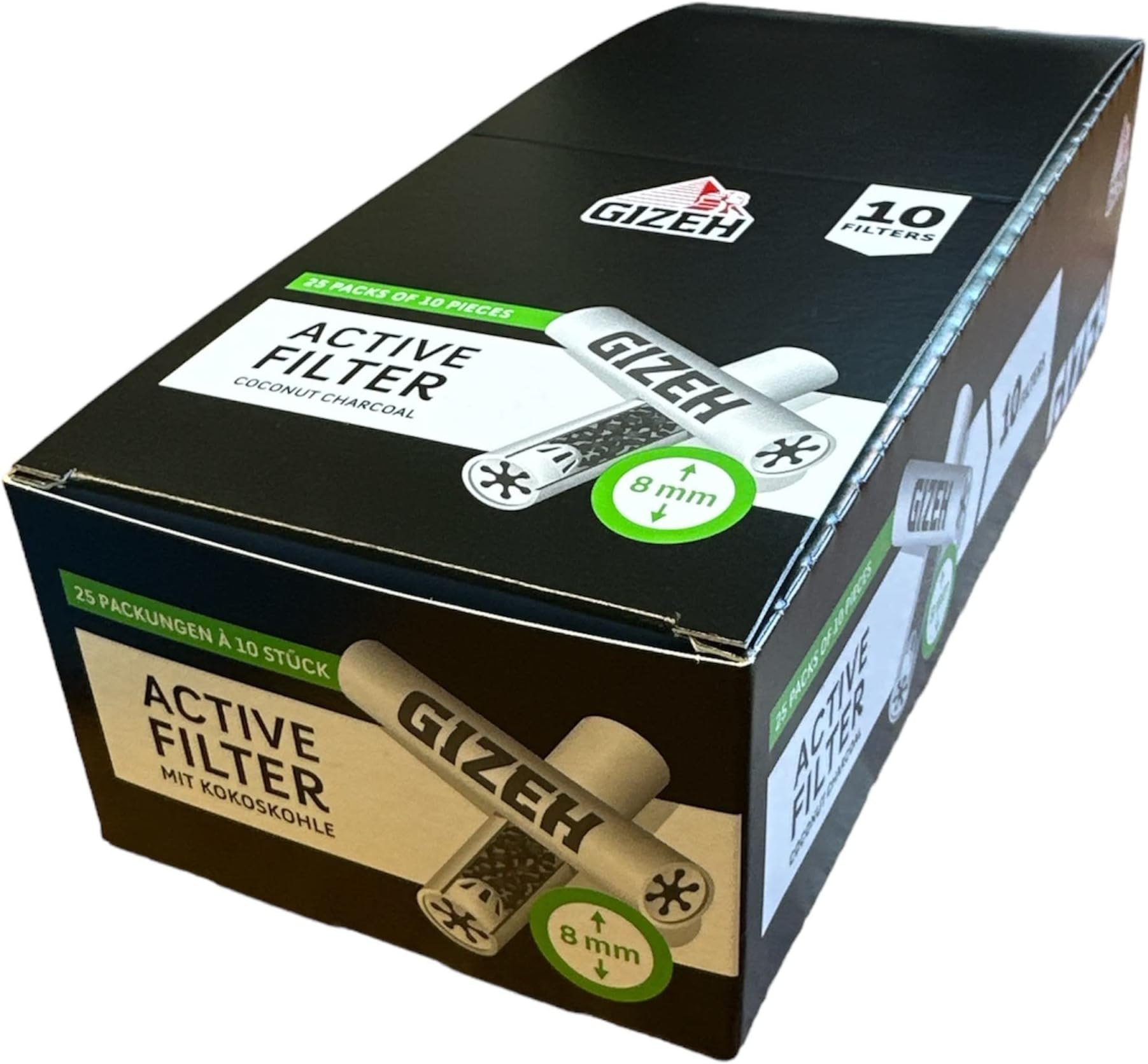 Gizeh Active Tips 8mm Activated Carbon Filter with Ceramic Caps 25 Boxes x 10 Filters