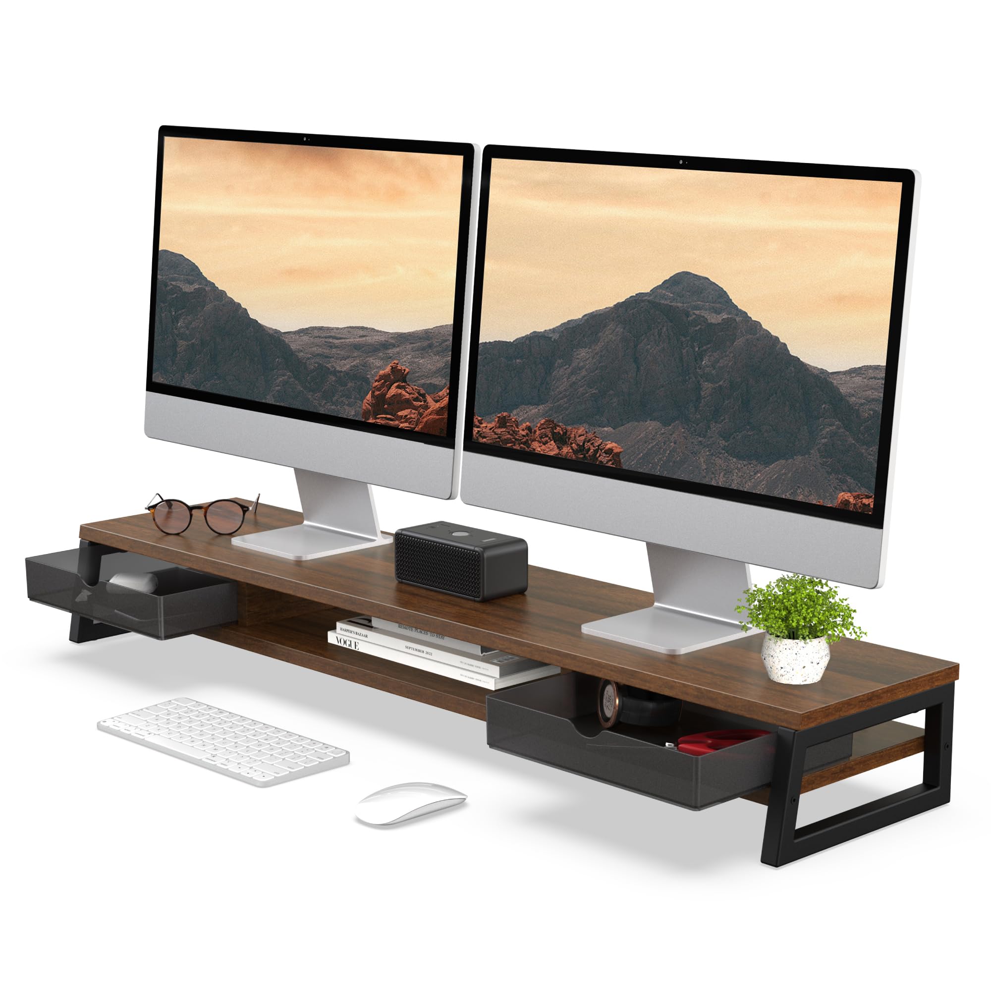 Fenge Dual Monitor Stander Riser Con 2 Cajones de Acrílico, 2 Pisos 108cm Pantalla de Ordenador para PC/Portátil/Fax/Impresora/Pantalla de TV, Capacidad de carga 45KG (Marrón)