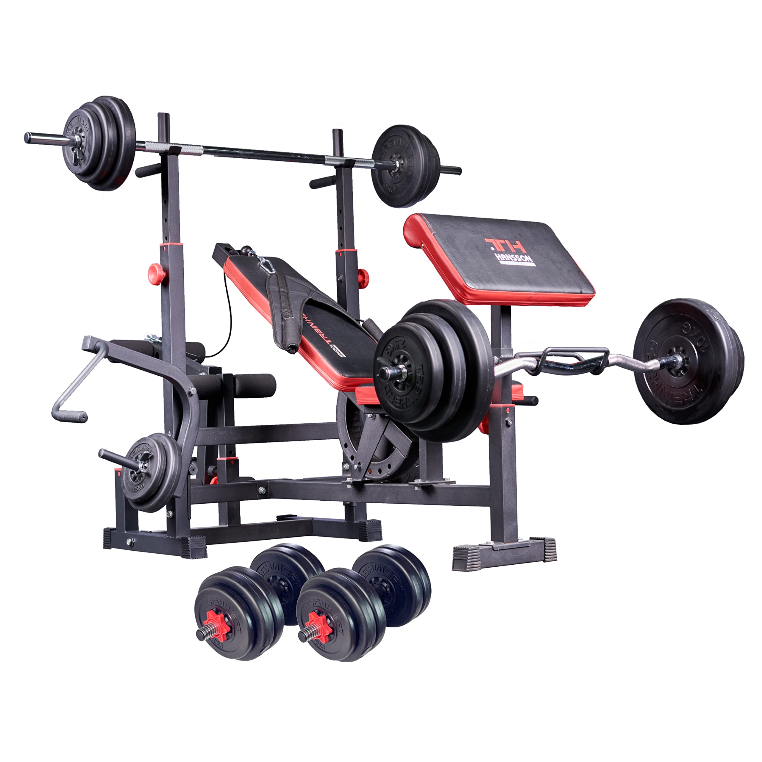 TrainHard Stacja kulturystyczna ławka do ćwiczeń ciężarowych, czarna/czerwona z długą sztangą łamaną i krótkimi hantlami oraz krążkami do sztangi 90 kg