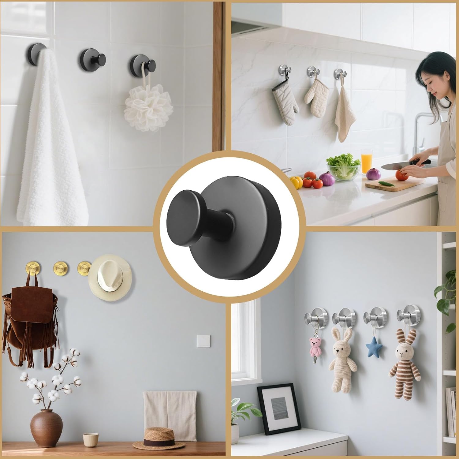 4Pcs Suction Cup Hooks, Suction Cup Hooks for Shower,Removable Towel Hooks for Bathroom Window Glass Door Wall, Bath Robe Looafh Wreath Hook for Hanging (Black)