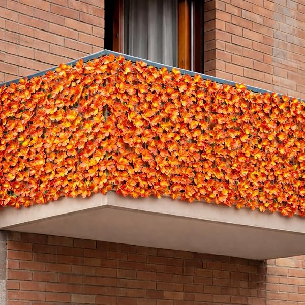 BAKAJI Siepe Artificiale Sintetica da Parete, Rotolo Frangivista Ornamentale da Muro, Ringhiera, Decorazione Anticaduta per Terrazzo, Balcone, Giardino, Esterno, 1 x 3 Metri (Foglie Arancio) - 2