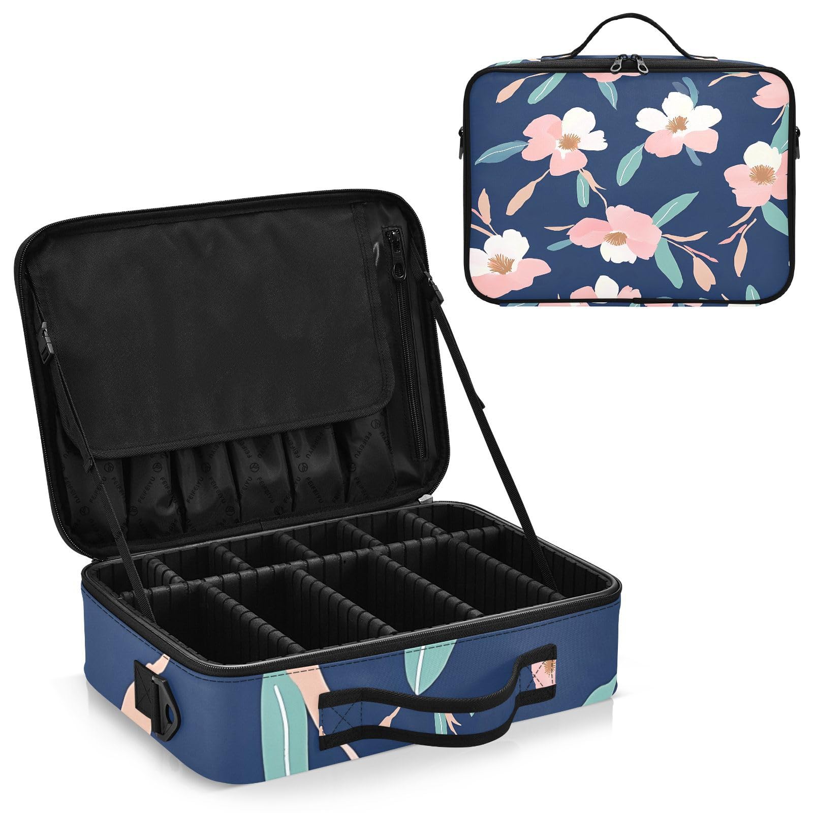 zyrtty Travel Makeup Train Case Pink Flower Pattern Cosmetic Organizer Portable Storage Bag with Adjustable Dividers for Cosmetics Brushes Toiletry Jewelry Digital Accessories