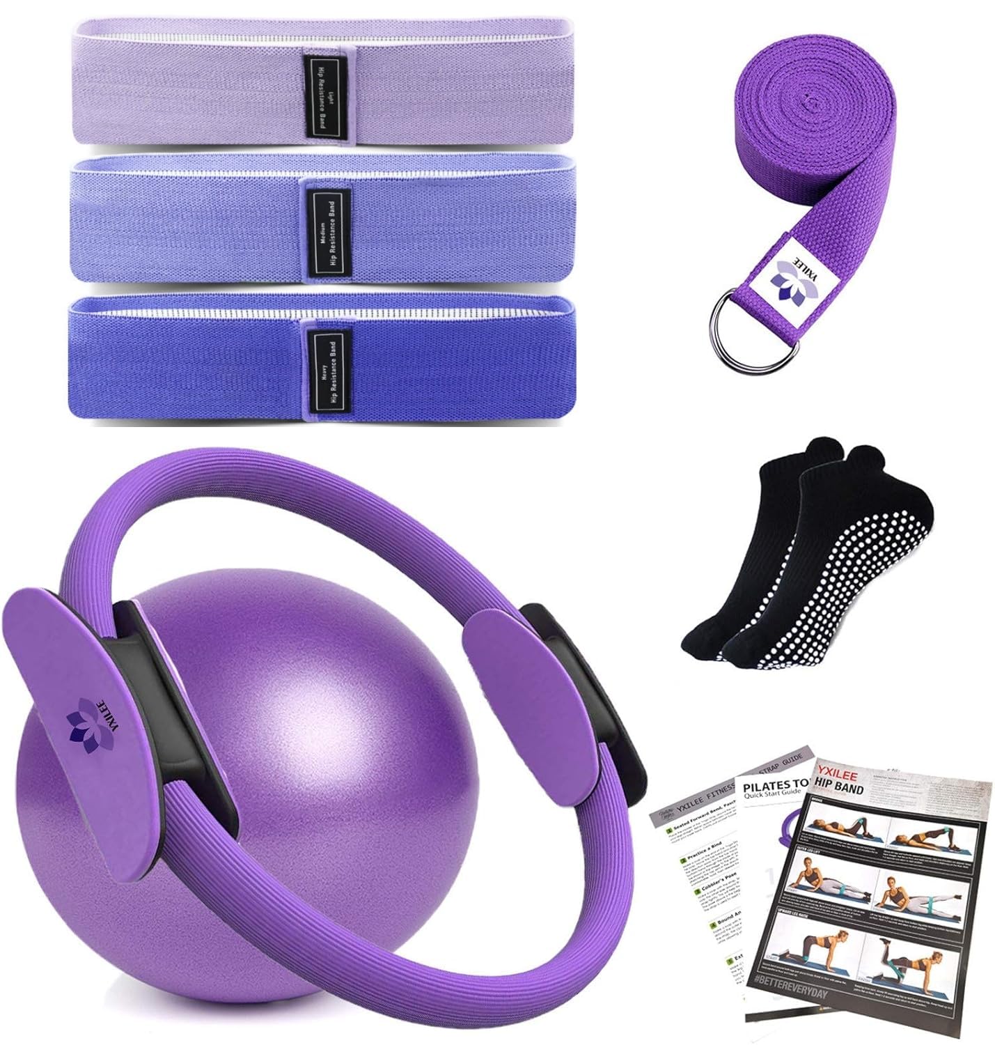 Yoga Starter Set 8-teilig – Inkl. Pilates Ring, Ball, Blöcke, Gurt, Dehnband & Rutschfeste Socken