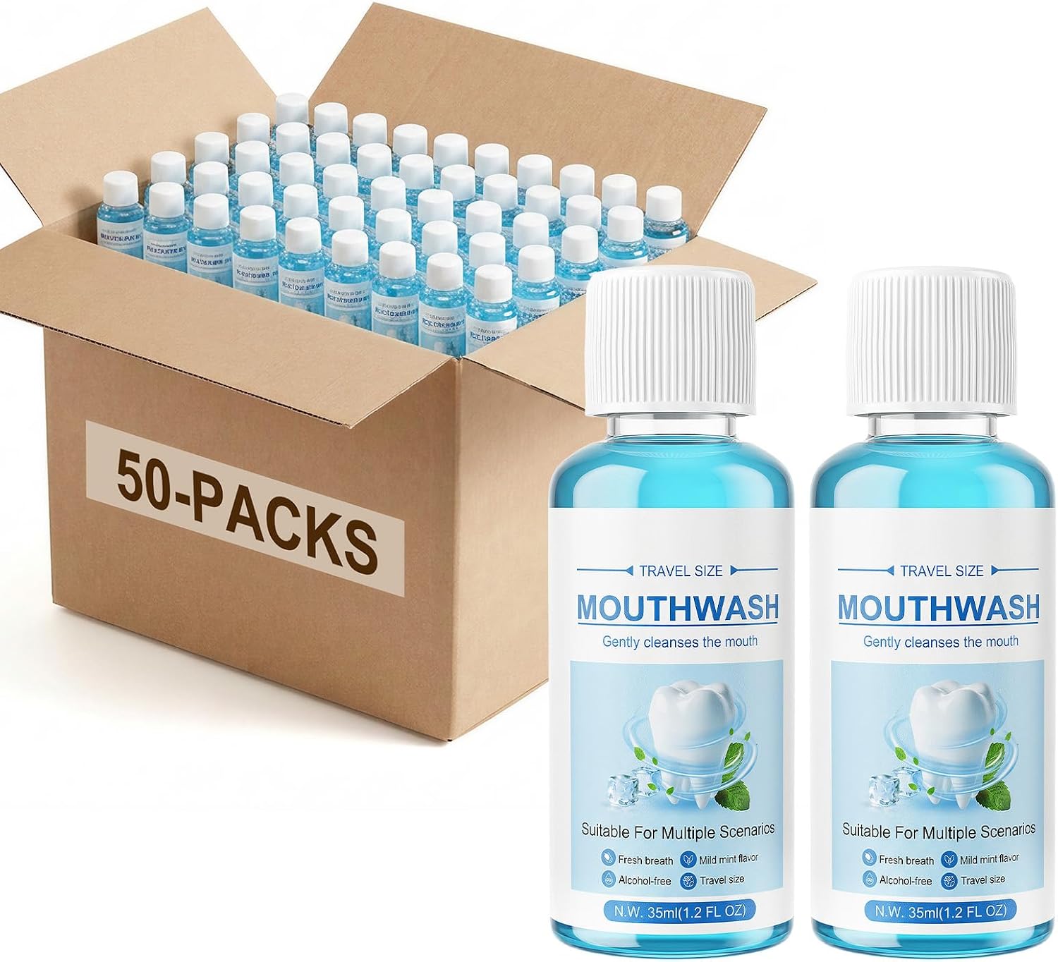 Kocpudu Travel-Sized Mouthwash Bulk, Mint Flavor (50-Pack) | 1.2 oz / 35 ml, Keeps Breath Fresh and Easy To Carry—Perfect For Travel, Work, Hotels, Dates