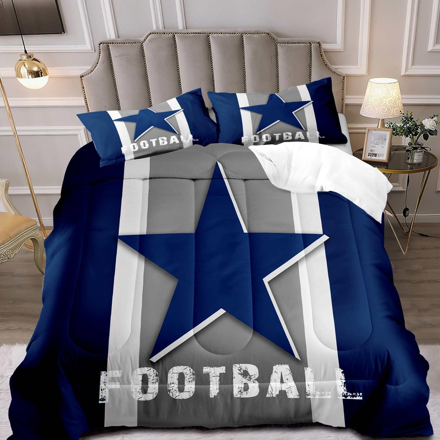 LUVIVIHOME 3PCS Football Comforter Set Queen Size, Sports Bedding, American Football Bedroom Decor for Boys Husband Boyfriend, Soft Microfiber Navy Blue Quilt, 2 Pillow Cases