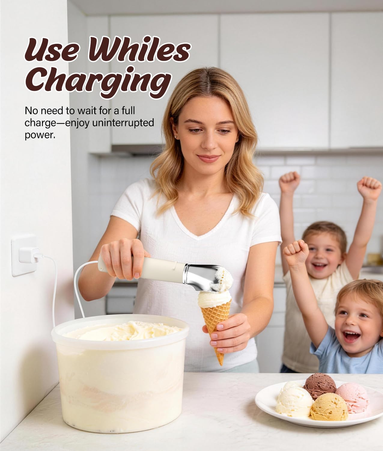 Cuillère à Glace Électrique, WADEO Cuillère à Crème Glacée Chauffante avec Écran LED, 4 niveaux de Chaleur 40-70°C & Étanche IP67, Tête Amovible Cuillère à Glace pour Prélever Facilement Glace Dure