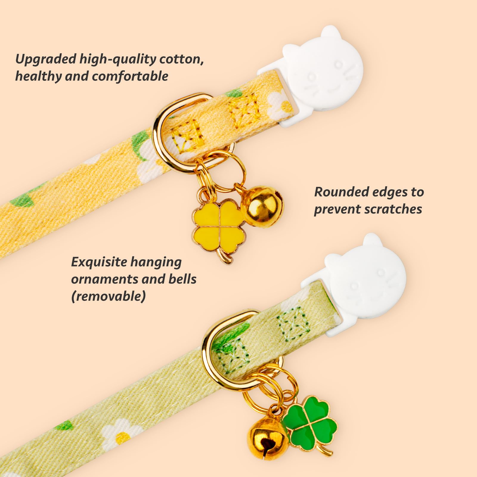 Paquete de 2 collares de algodón para gatos, colgante de flores verdes y amarillas, collar de gato lindo con campana, ideal para niñas, gatos, niños y gatos