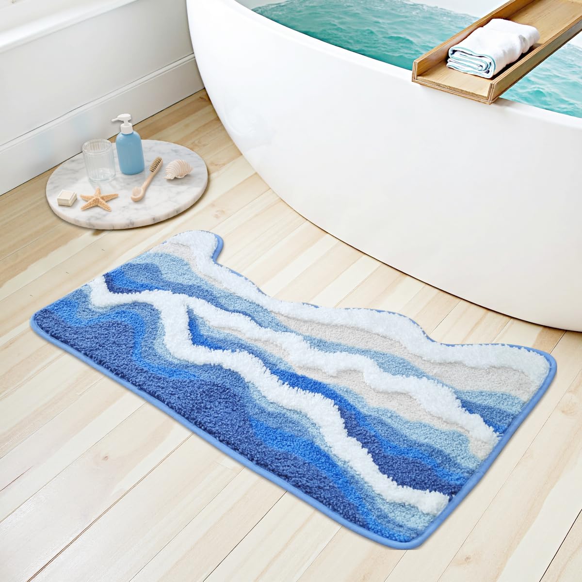 Blue Ocean Wave Bath Mat Cute Funky Bathroom Rugs for Coastal Beach Nautical Themed Decor Non-Slip Washable Tufted