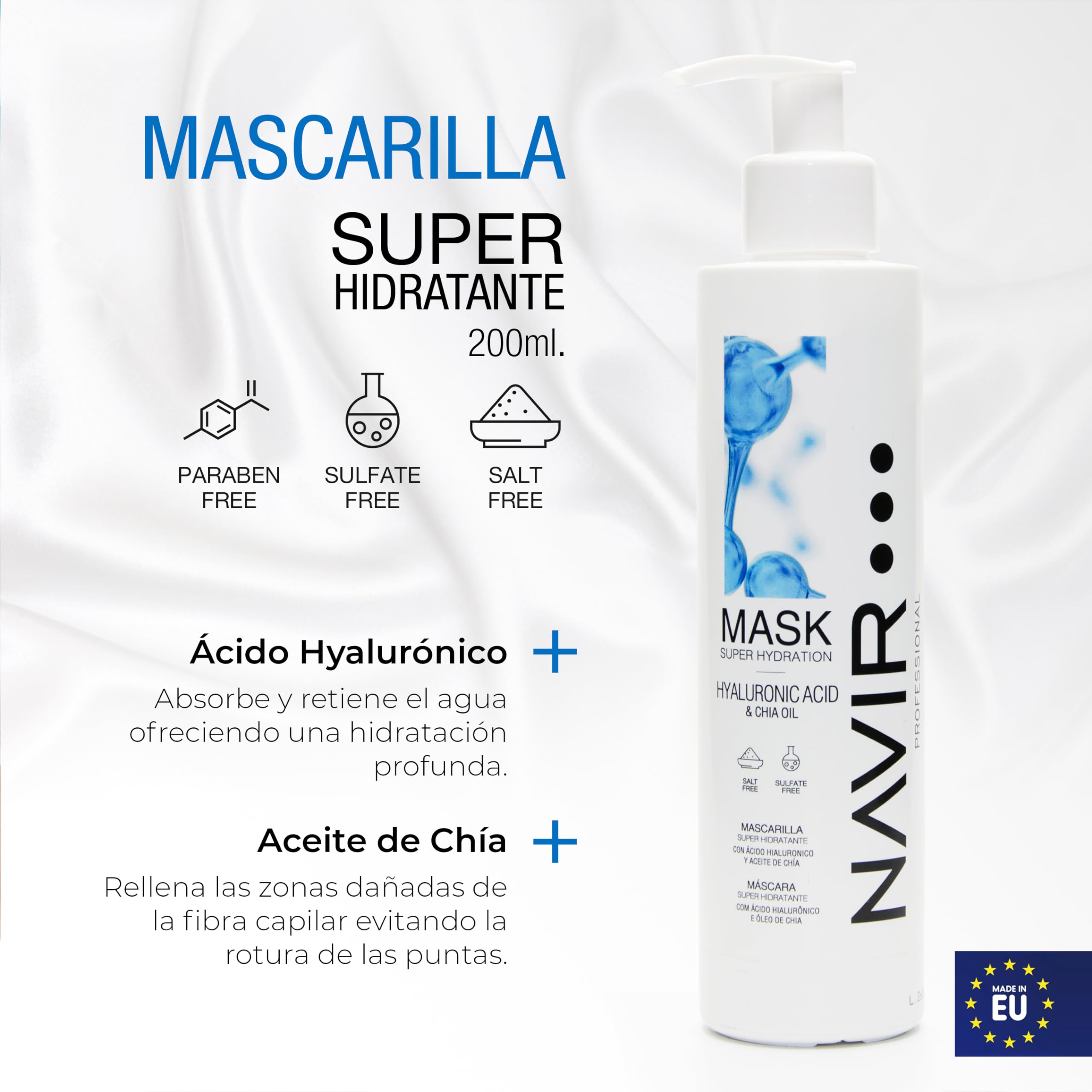 NAVIR Profesional | Pack champú sin sulfatos ni parabenos con Ácido Hialurónico y Keratina, mascarilla y acondicionador – Tratamiento post alisado orgánico hidratante para cabello - 500ml+200ml+200ml