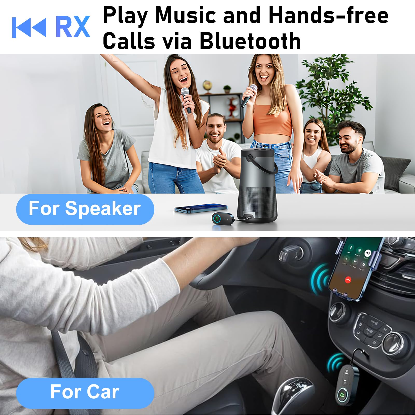 Ticenpe Receptor transmisor Bluetooth 5.3, conector dual para aviones, micrófono para llamadas, adaptador auxiliar 2 en 1 Bluetooth para auriculares, altavoz y coche — view 3