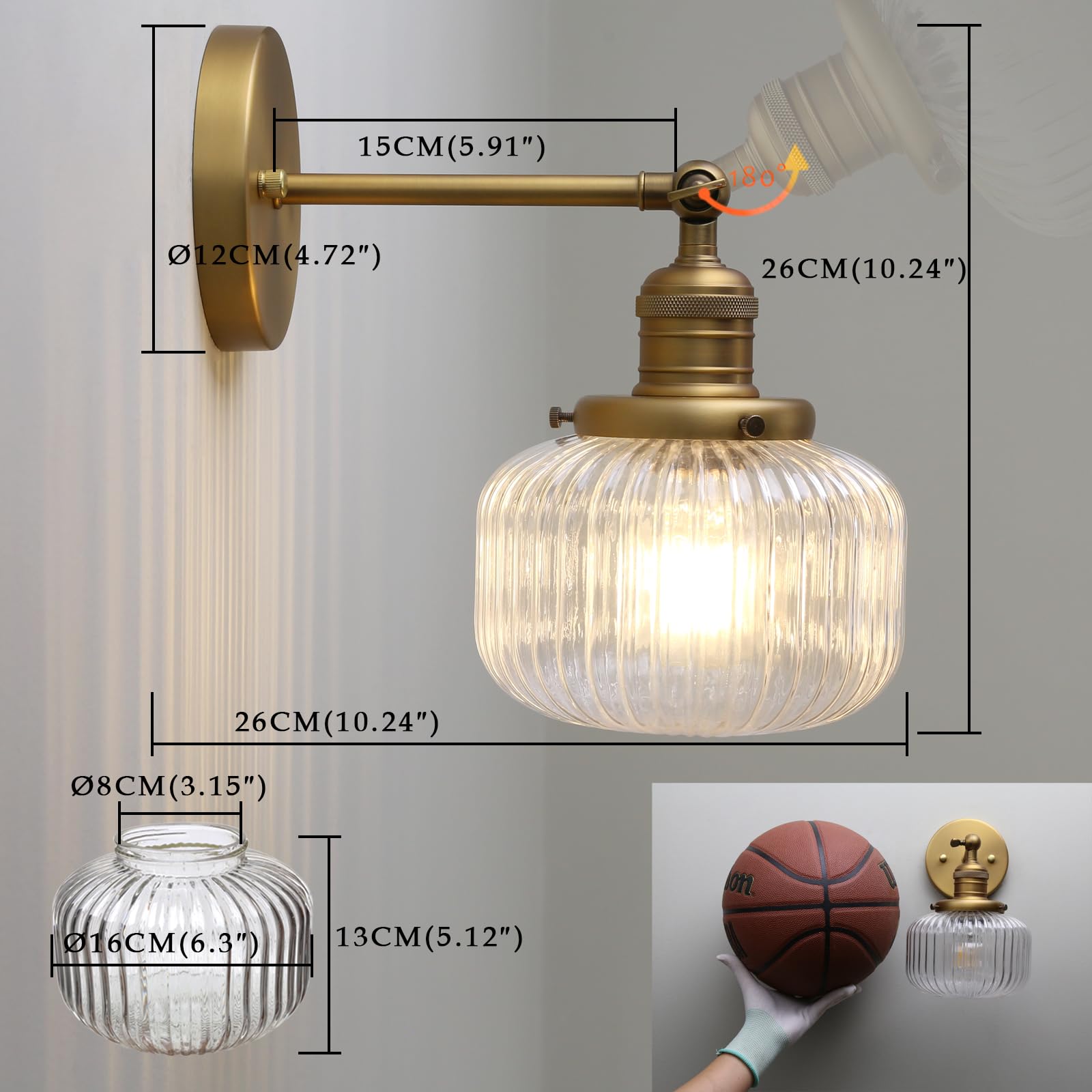Phansthy Vintage Wandleuchte Modernes gestreiftem Klarglas Wandbeleuchtung Industrie Loft-Wandlampen im Landhausstil für Flur Schlafzimmer Wohnzimmer Küche Badezimmer Gästezimmer etc(Antike Farbe)