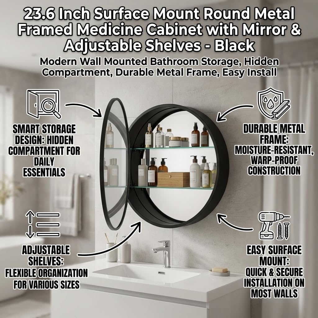 23.6 Inch Surface Mount Round Metal Framed Cabinet with Mirror and Adjustable Shelves, Wall Mounted Storage Cabinet, Bathroom Mirror Modern Bathroom Vanity Mirror Black Bathroom mi