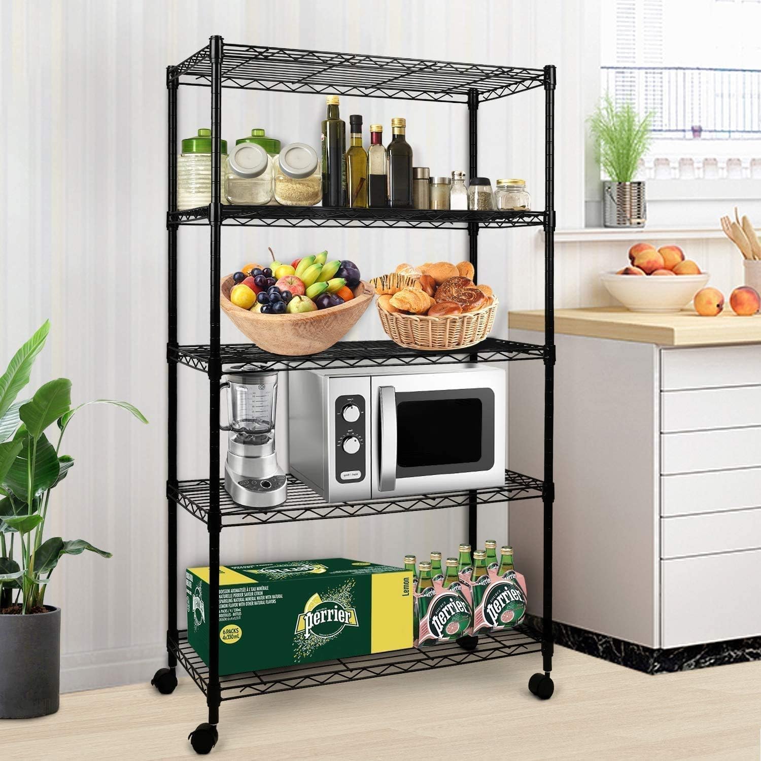 Simple Deluxe 4-Tier Heavy Duty Adjustable Storage Shelf with Wheels, 23.23”W x 17.63”D x 47.24”H, Wide Mobile Metal Shelving Unit, Easy Assembly for Living Room, Office,Black