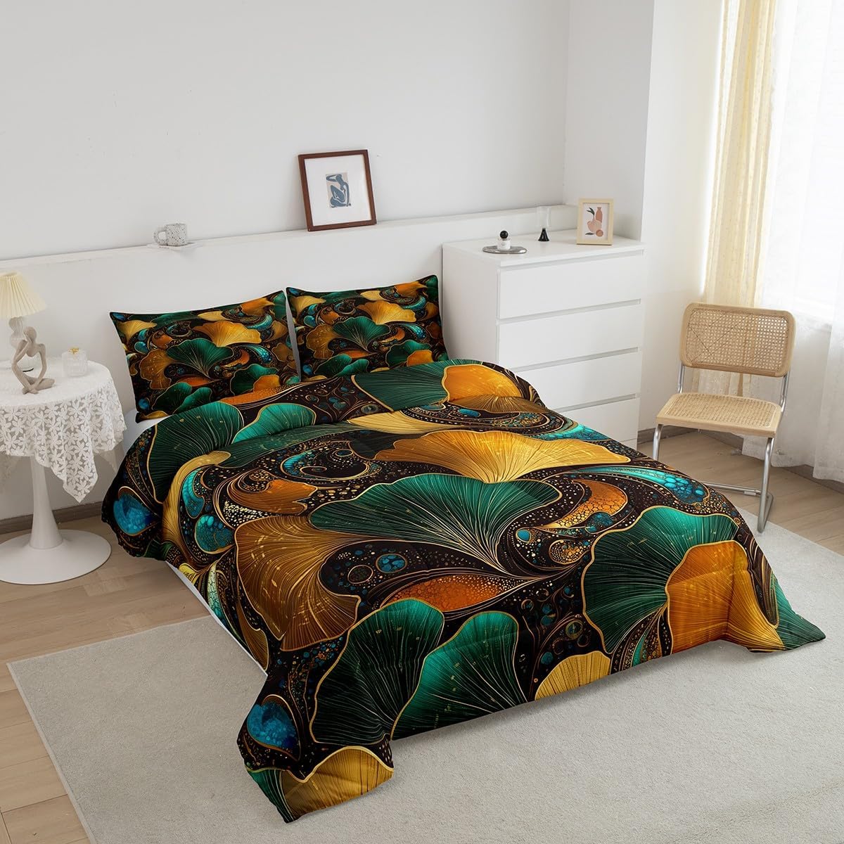 Ginkgo Leaves Comforter Set,Gradient Green Yellow Nature Leaf Bedding Sets for Kids Teens Adults,Geometric Spiral Swirls Golden Lines Modern Quilted Comforter with 1 Pillowcase Toddler Size 2 Pcs