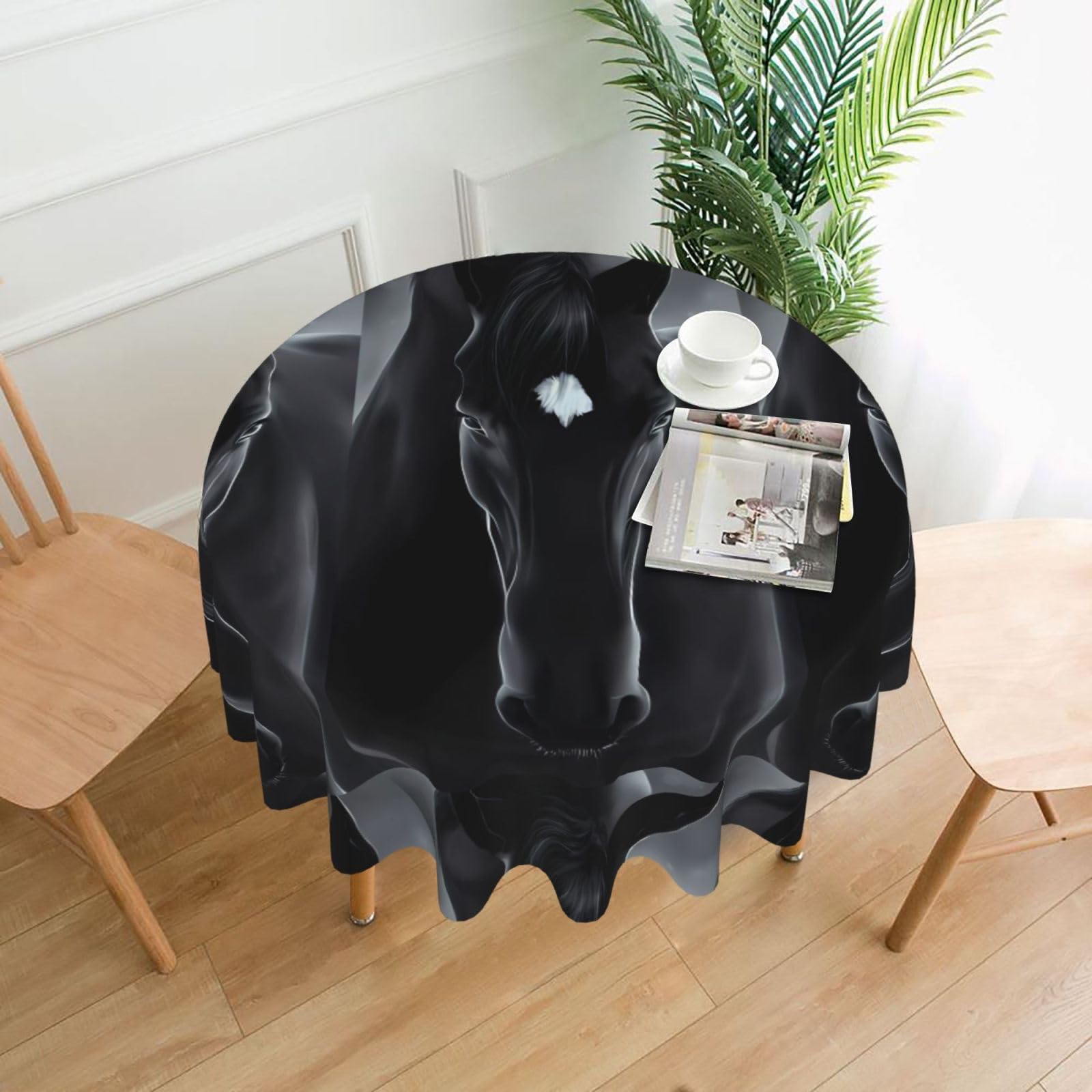 Whjssf Black Horse Prints Round Decorative Tablecloth 60In - High-Grade Polyester Table Throw For Dining & Outdoor Parties