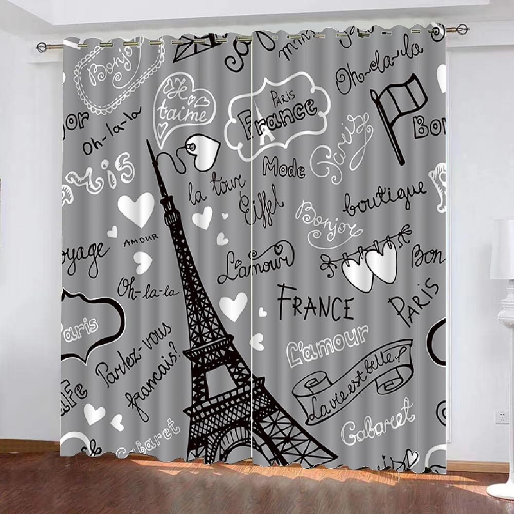 Blackout Curtains Eiffel Tower 2 Panels 66" Wide x 72" Drop Room Darkening Polyester Fabric Eyelet Curtain 3D Paris Curtains Privacy Protect Window Drapes for Home Decoration（style 31-3）