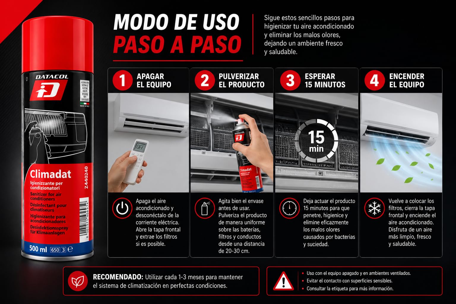 CLIMADAT Spray higienizante aire acondicionado 500 ml – Pack 6 unidades – Eliminador de olores y bacterias – Limpieza de filtros y baterías – Uso hogar y profesional