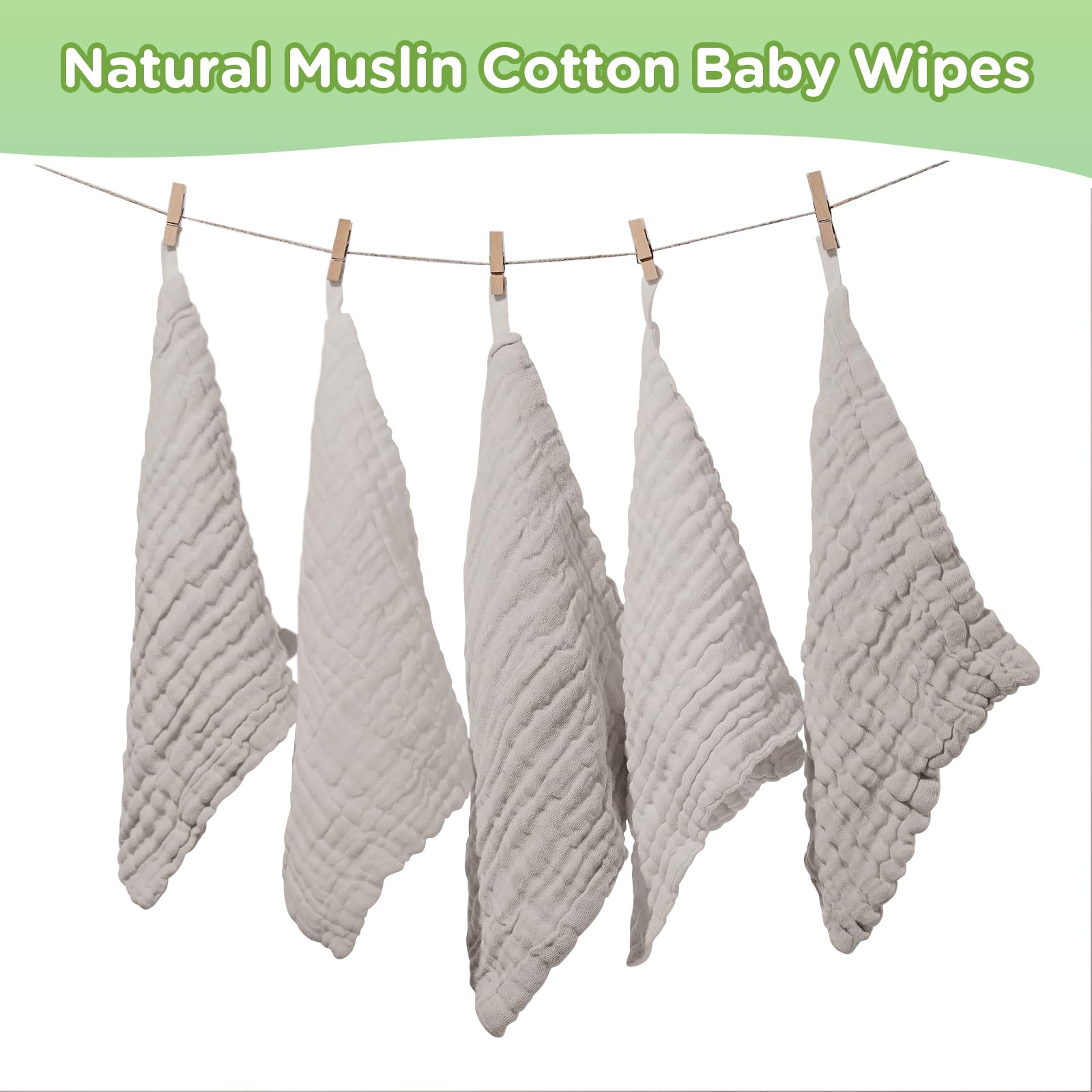 Breling 20 paños de Muselina para bebé, de algodón Natural, Suaves, para recién Nacidos, absorbentes para Piel Sensible, 12 x 12 Pulgadas (Gris)