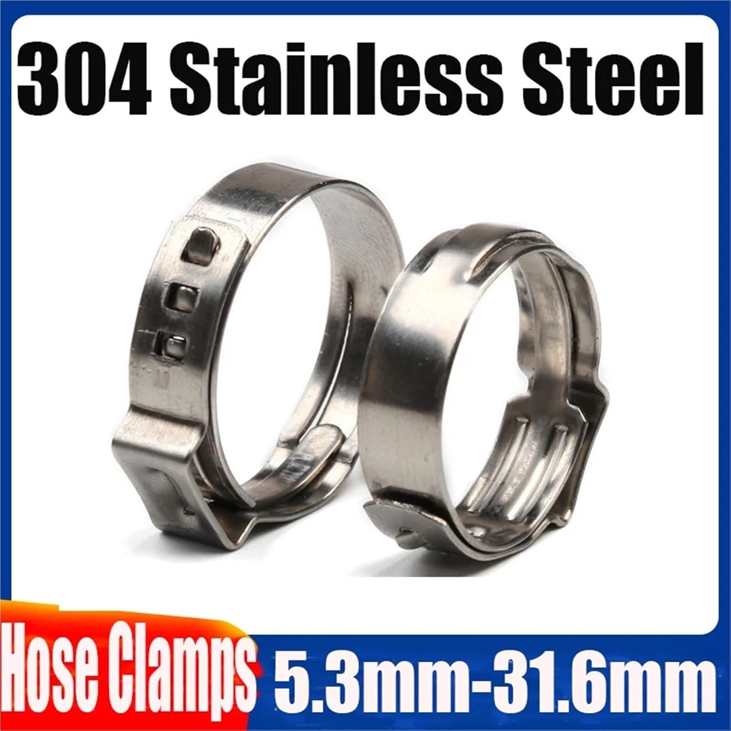 Pipe Clamps 10 PCS Stainless Steel 304 Single Ear Hose Clamps Assortment Kit Single 5.3-31mm Multiple specifications(5 inches)