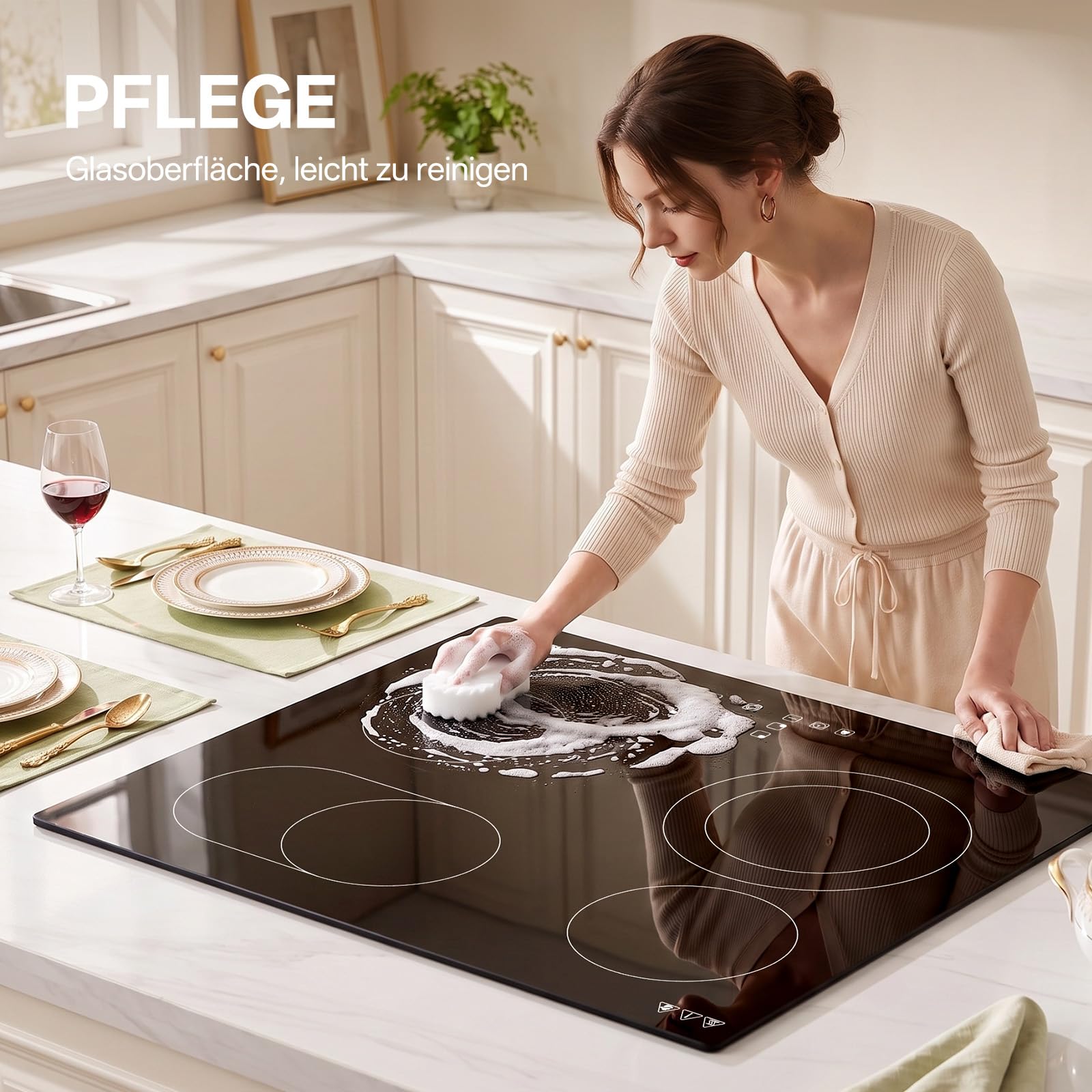 IsEasy Glaskeramik-Kochfeld 60 cm (6600W) – Autarkes Elektrokochfeld 4 Zonen mit Touch-Steuerung Mit Flexibler Oval- & Doppelringzone | 9 Leistungsstufen