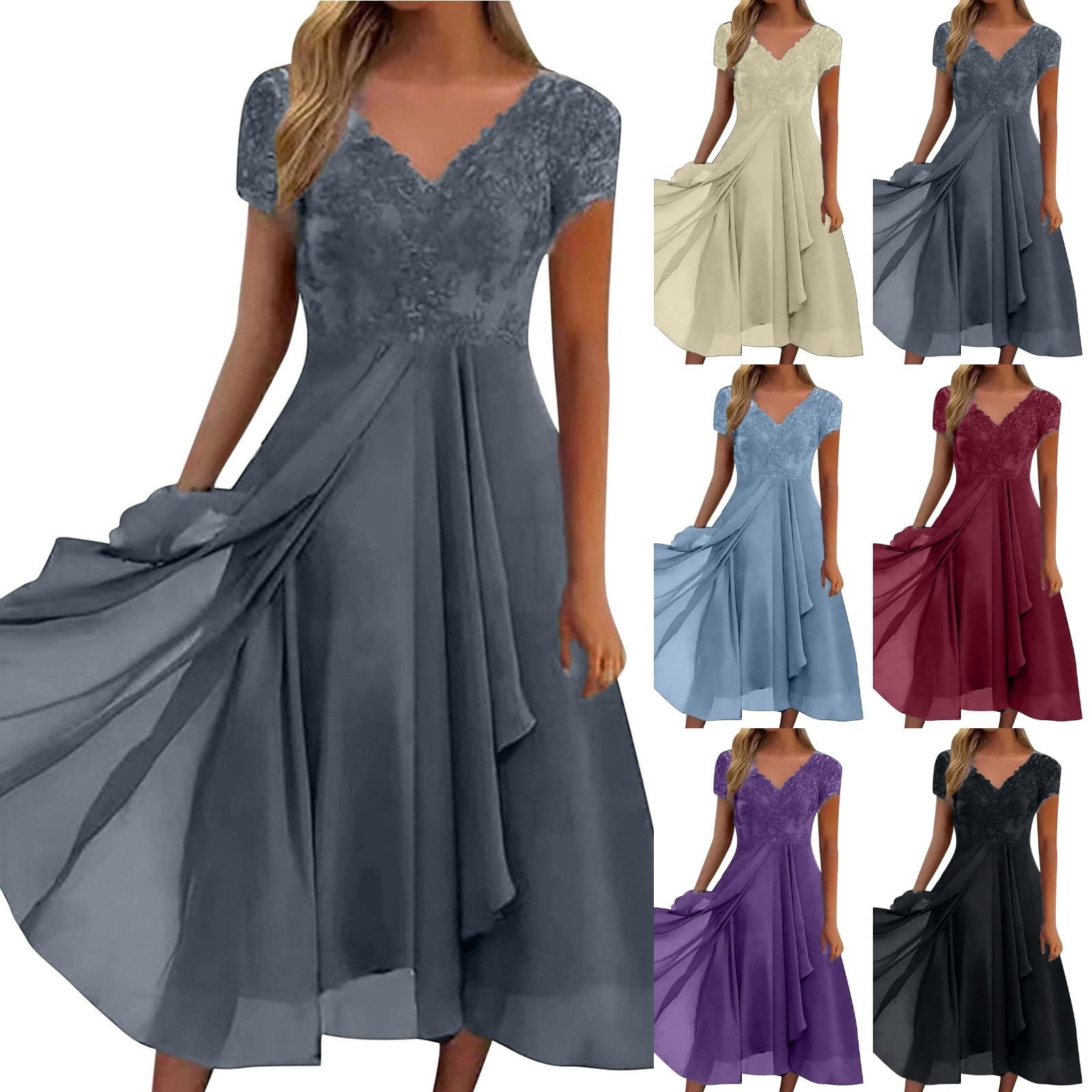 Abito da sera da donna, lungo, elegante, in pizzo, chiffon, abito da cocktail, abito da damigella d'onore, abito midi